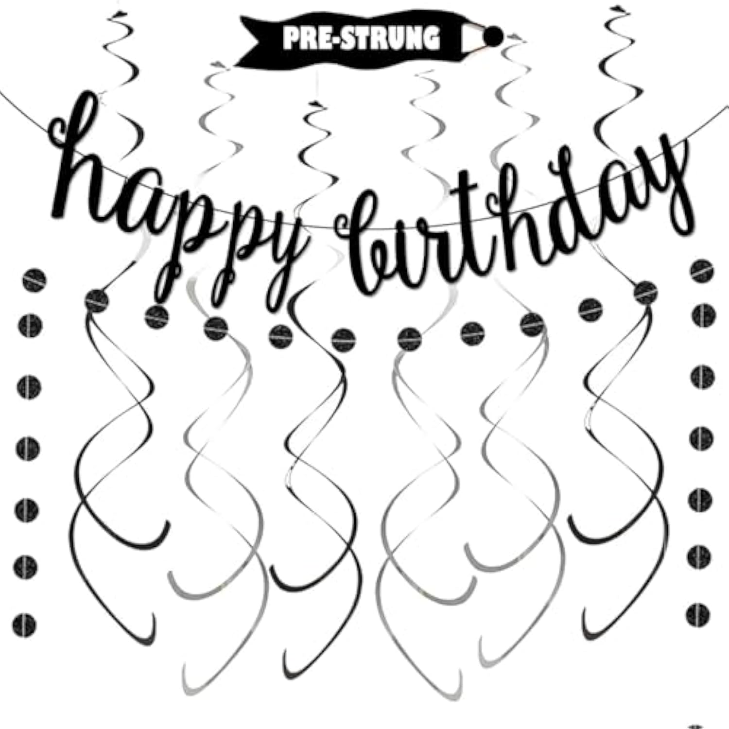 Black Glitter Happy Birthday Banner Kit: Pre-Strung Party Decorations
