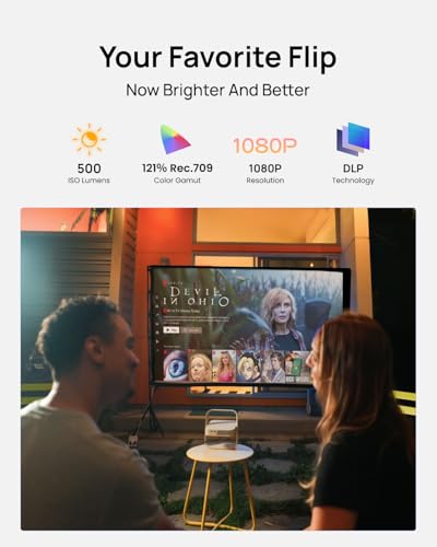 Elfin Flip Plus Portable Projector, Google TV with Licensed Netflix, 500 ISO Lumens, 1080P Resolution Home Projector, Build-in Adjustable Stand,
