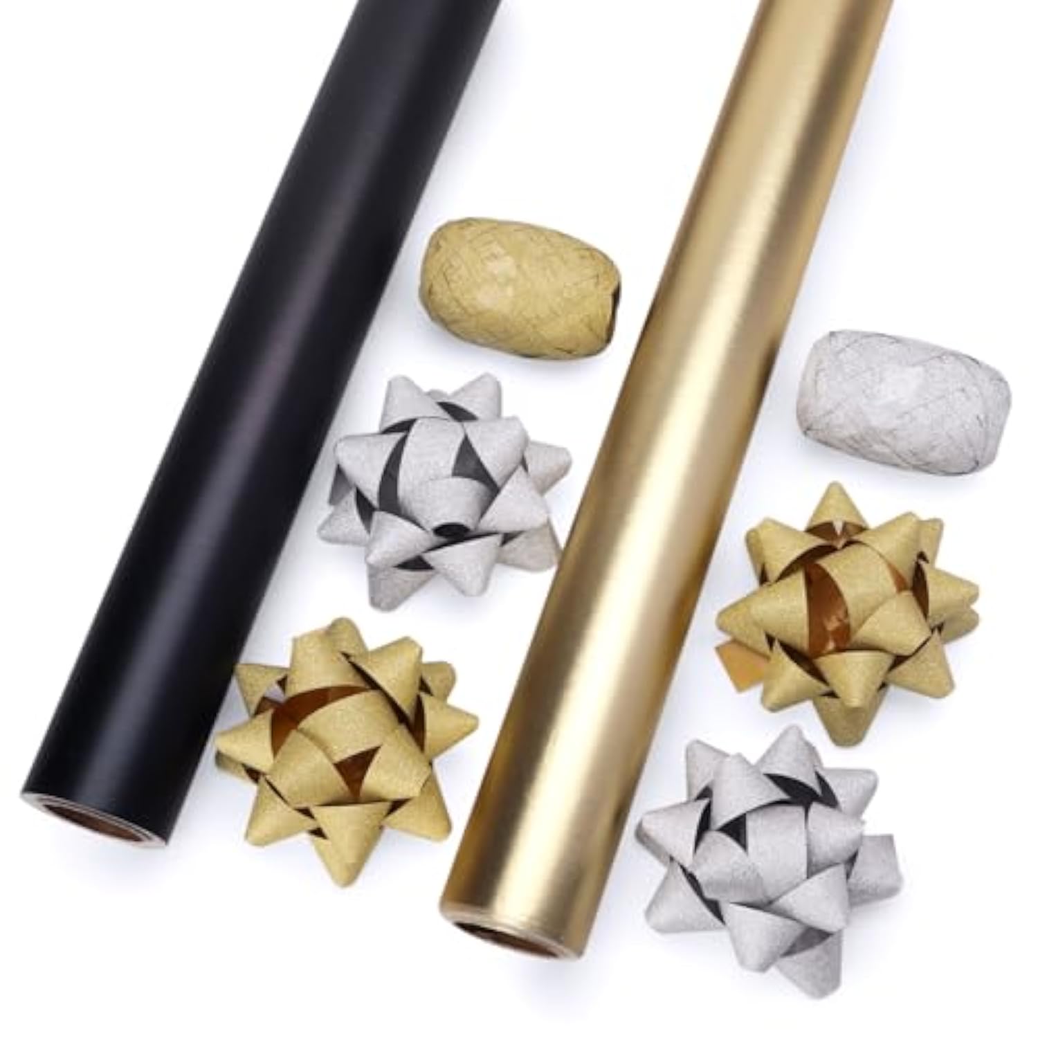Father'S Day Wrapping Paper Set, 2 Rolls Black And Gold Metallic Matte Solid Color Paper With Curling Ribbon And Gift Bow For Birthday Christmas, Mini Roll 17 Inch X 197 Inch(16 Feet) Per Roll