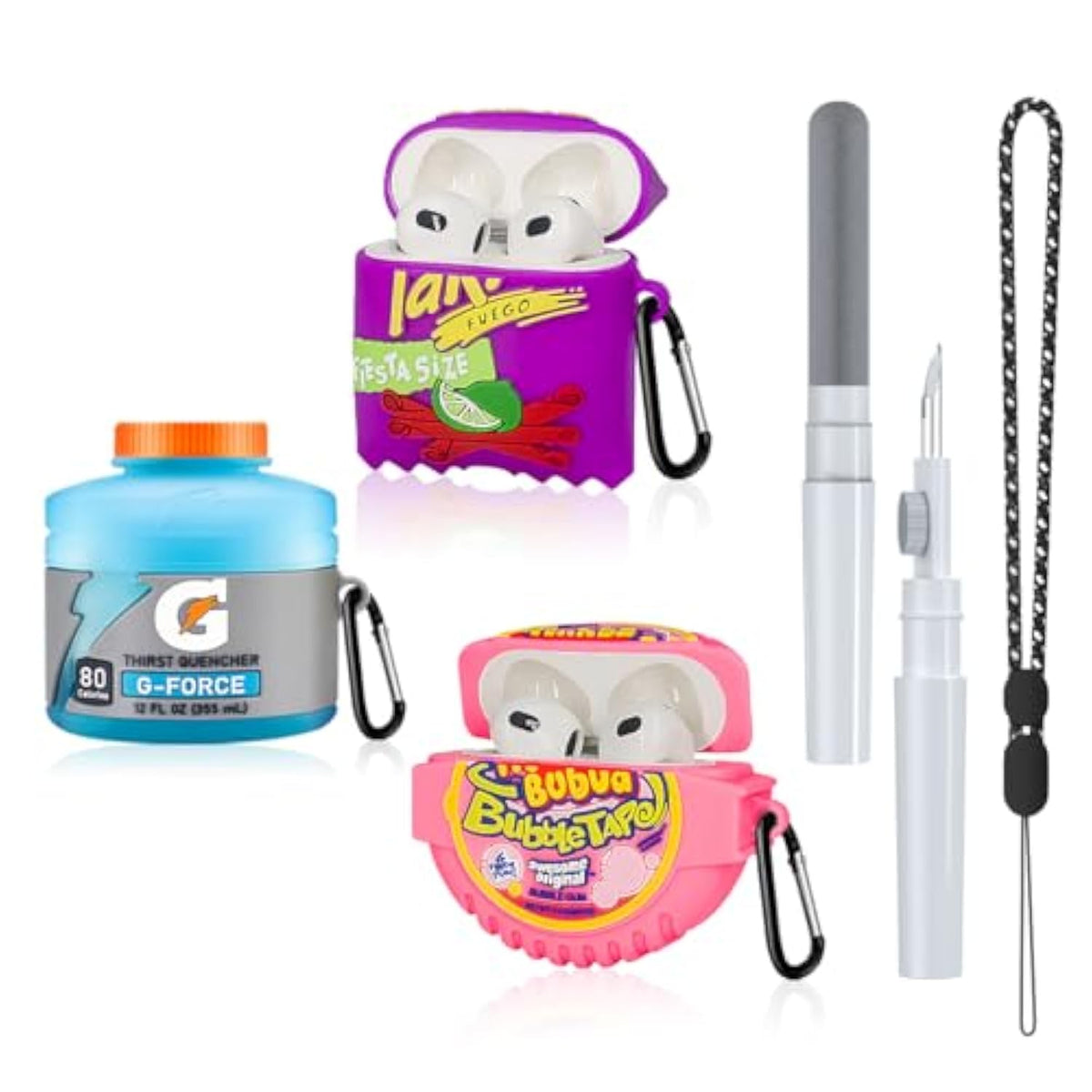 Cute Case For Airpods 3 Case 3-Pack, 3D Cartoon Kawaii Silicone Case For Airpods 3Rd Generation Case Funny Food Design With Cleaner Kit/Keychain/Lanyard (Sport Water+Purple Potato+Bubble Gum)