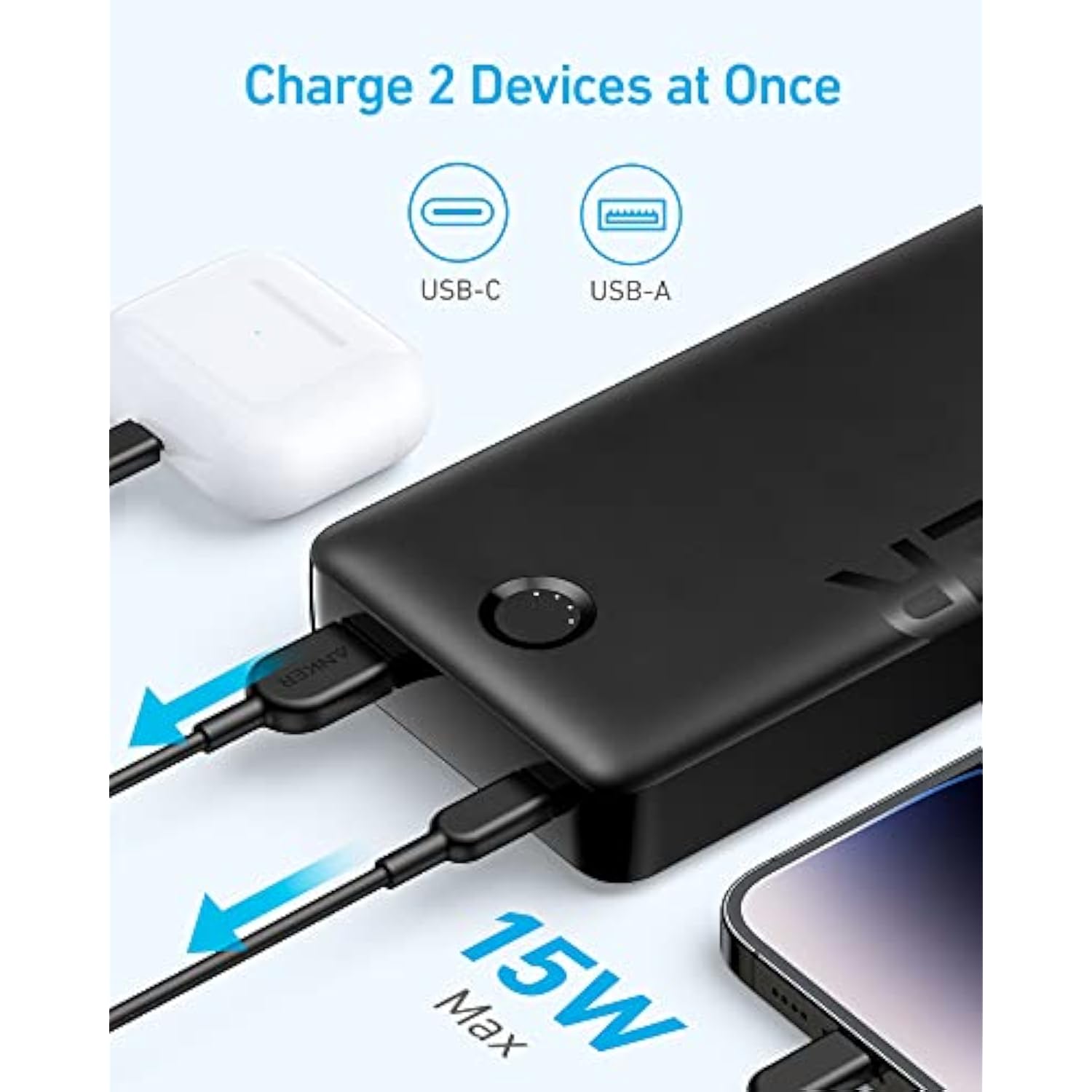 ANKER Portable Charger, 20,000mAh Power Bank, Battery Pack with 1 USB-A and 1 USB-C Ports, 15W Max Charging for iPhone 16/15/14/13/12 Series, Samsung Galaxy, and More (Black)