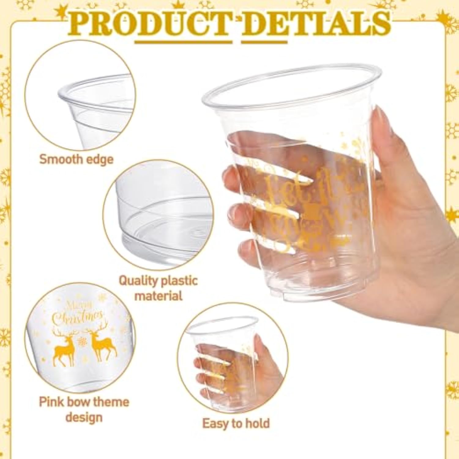 50 Pc 12oz Christmas Plastic Cups Clear Xmas Winter Party Supplies