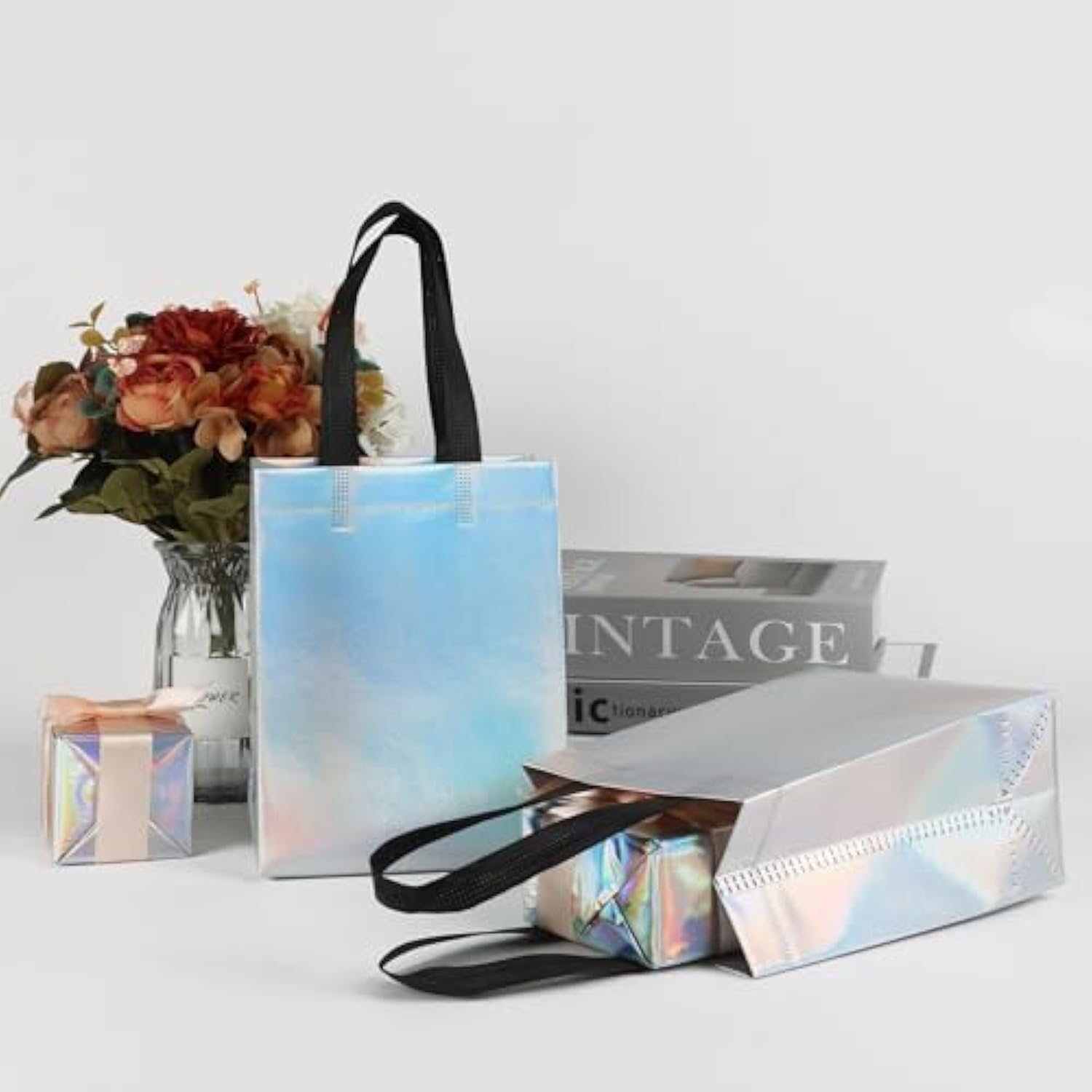 25 Pack Gift Bags With Handles,Small Gift Bags,Non-Woven Bag For Birthday,Baby Shower,Crafts, Christmas,Party Supplies,Iridescent,5.9" L X 3.5" W X 8" H