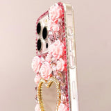 For Iphone 16 Glitter Bling Case,Cute Girly 3D Sparkle Heart Makeup Mirror Crystal Rhinestones Flowers Diamond Gems Pearl With Lanyard Wrist Strap Women Girls Case For Iphone 16 6.1" (Pink)