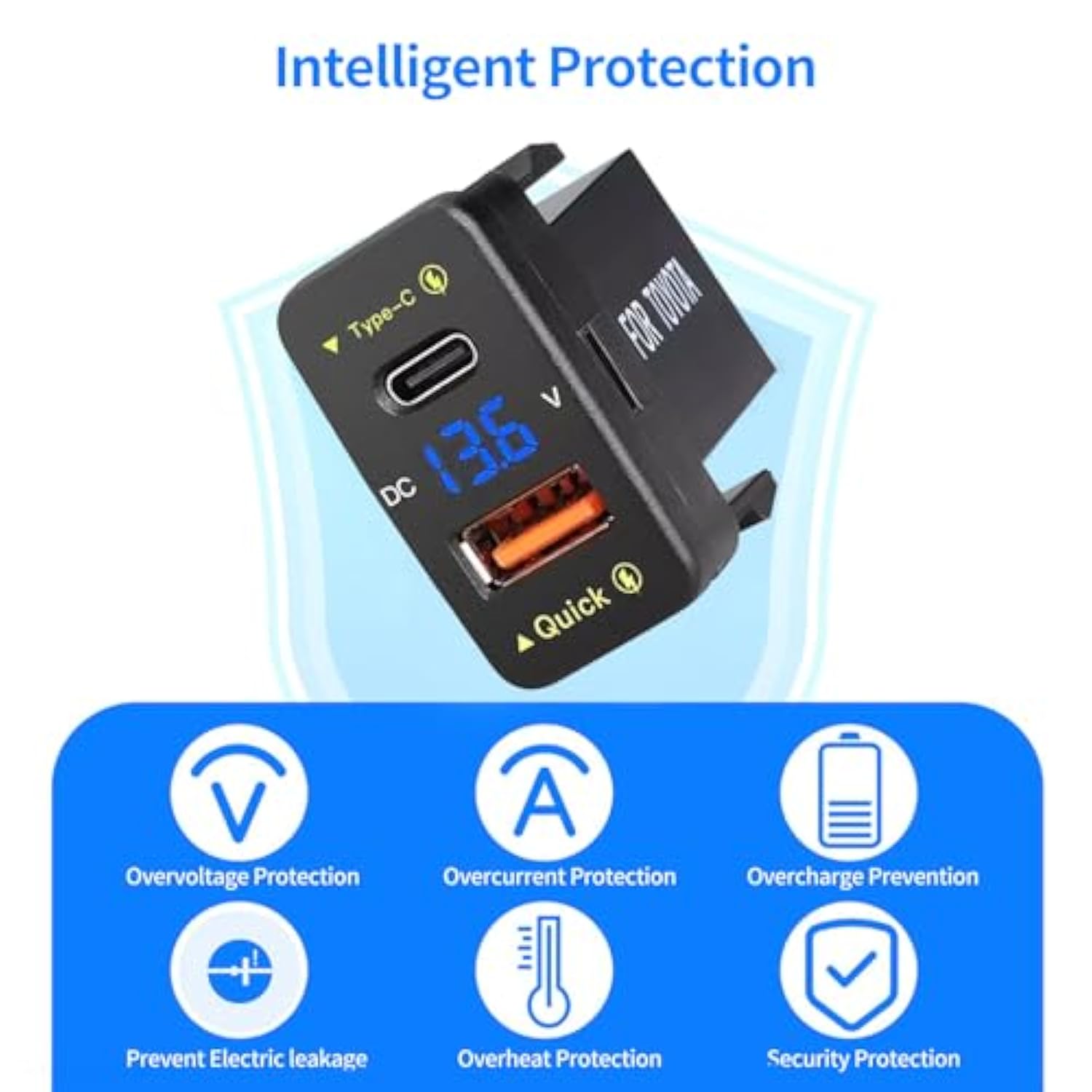 Car Charger Dual 18W Usb Pd+Qc3.0 Fast Charge For Toyota, Type C Usb Car Power Socket With Led Voltmeter Display, Compatible With 12/24V Cars(1.6 * 0.9Inch)