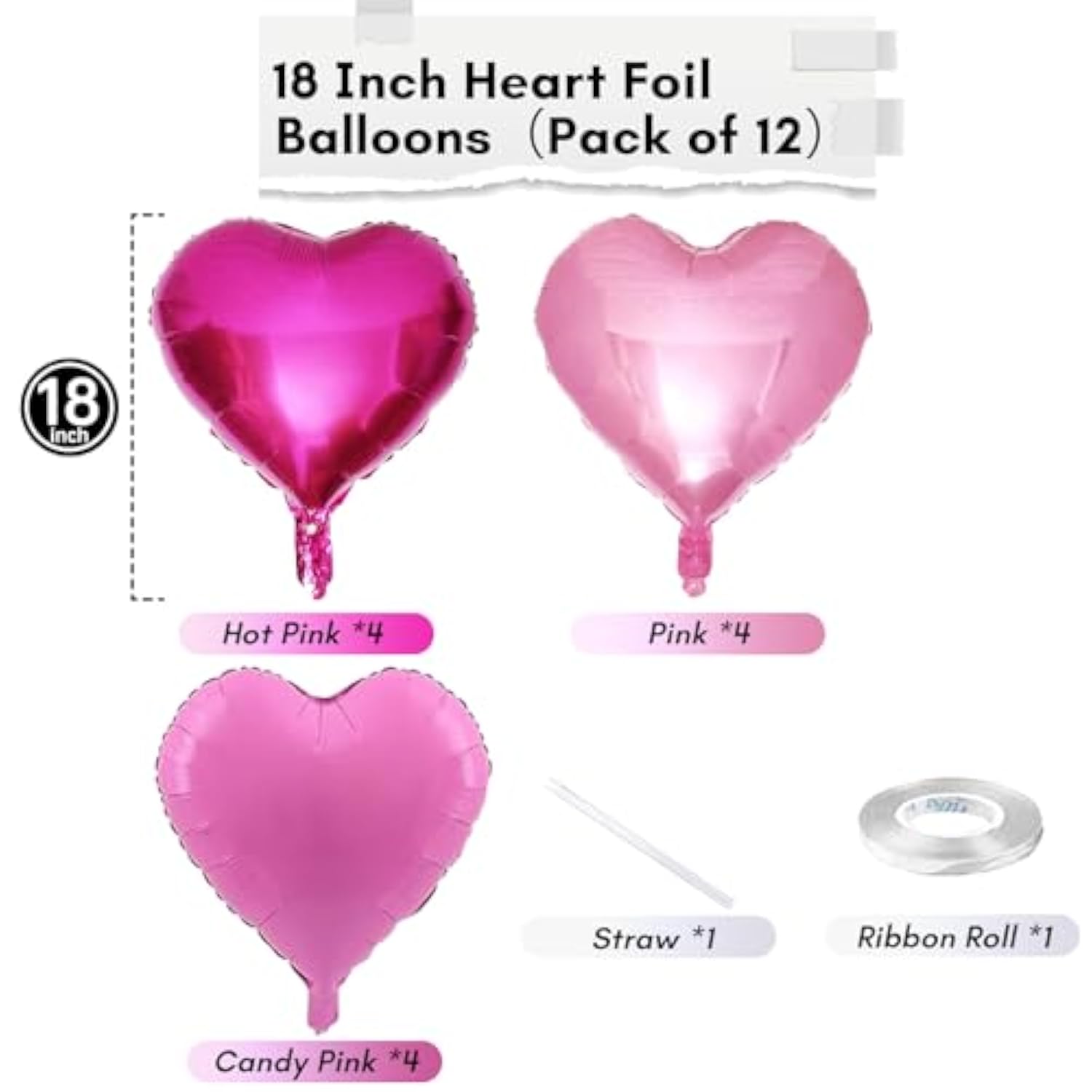 Pink Mixed Heart Balloons, 18 Inch 12 Pcs Hot Pink Foil Heart Balloons Light Pink Heart Shape Mylar Balloons Pink Sweet Theme Heart Balloons For Girl Birthday Wedding Valentines Anniversary