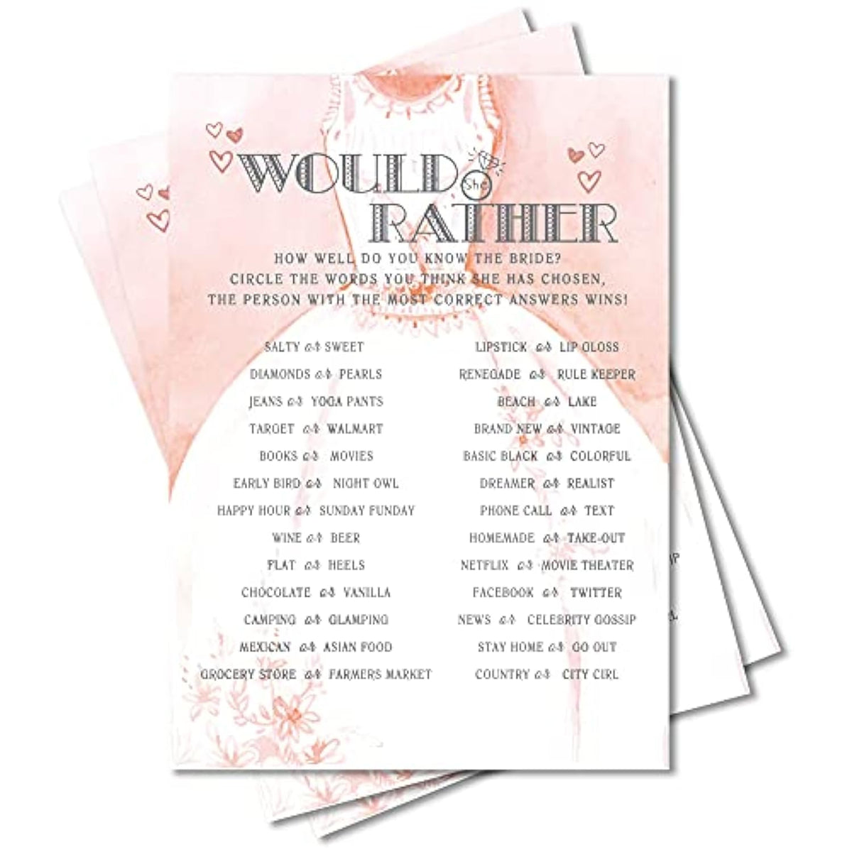 Bridal Shower Games, Wedding Games For Showers, Would She Rather, Engagement Bachelorette Party Game, Bridal Shower Decorations, 30 Cards Per Set (Suit010)