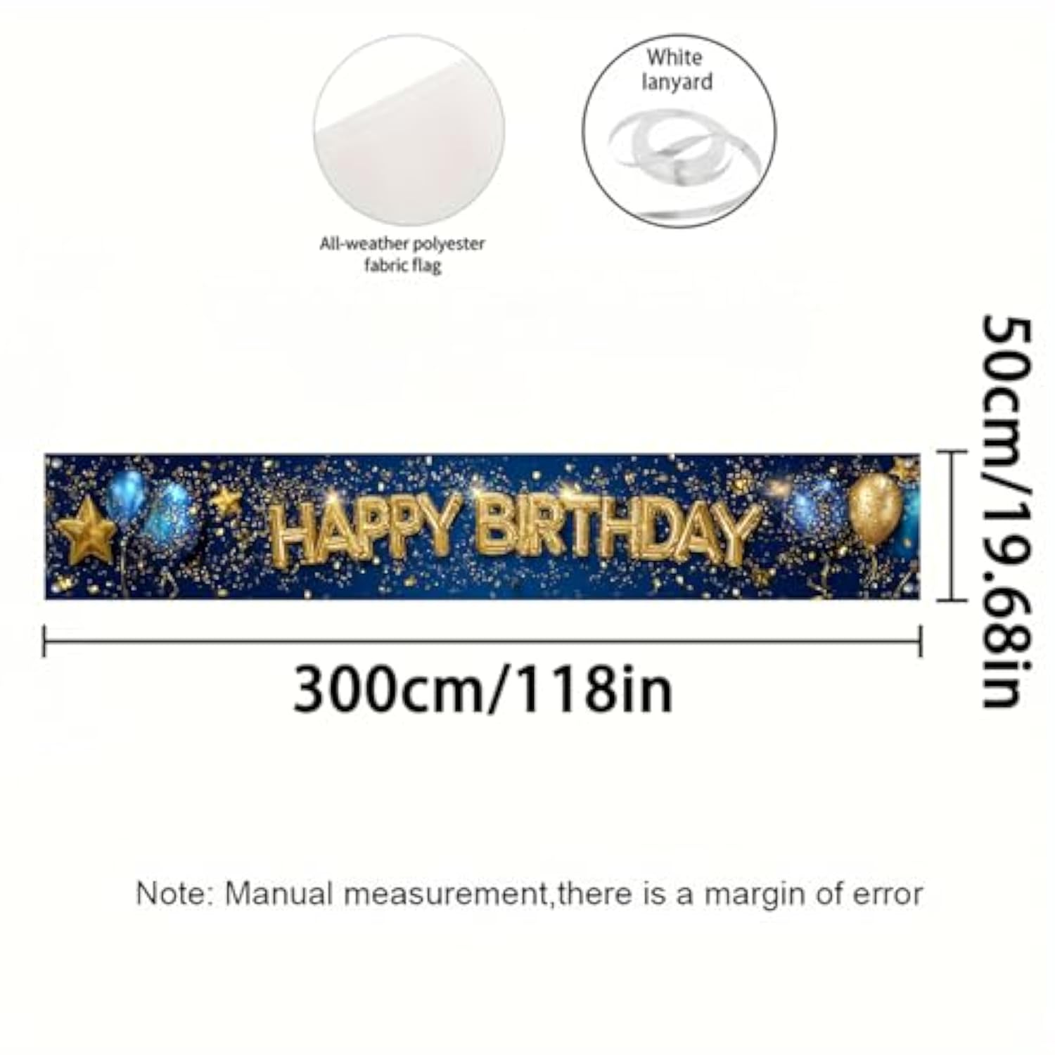 Happy Birthday Long Banner 118X20 Inch Royal Blue Gold Theme Party Backdrop Decoration Balloons Stars Polyester Fabric Large Event Supplies For Girls Or Boys Gifts Longs Banners