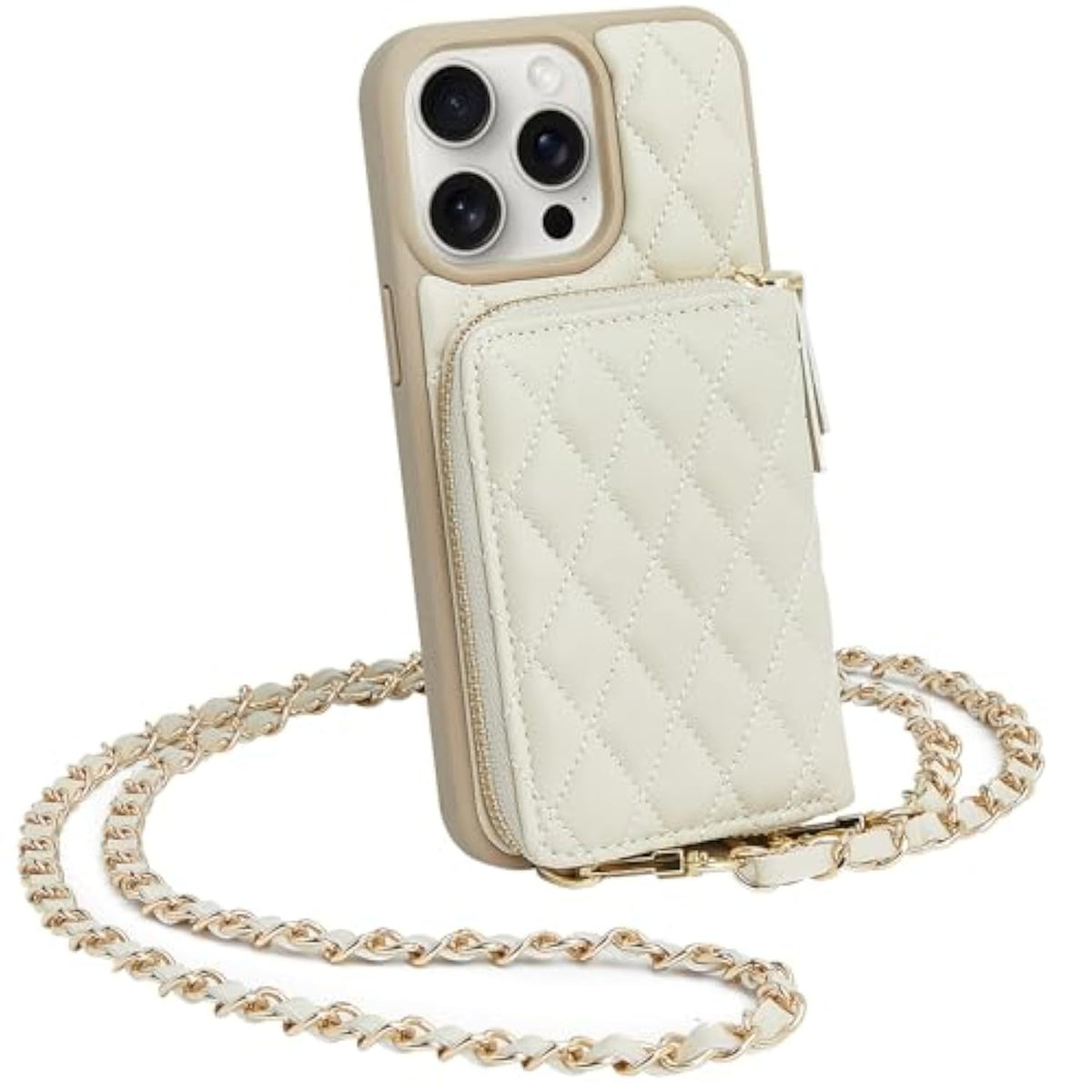 Wallet Case Compatible With Iphone 13 Pro Max, Crossbody Quilted Leather Card Holder With Chain Strap Protective Bumper Cover For Iphone 13 Pro Max, 6.7 Inch-Beige