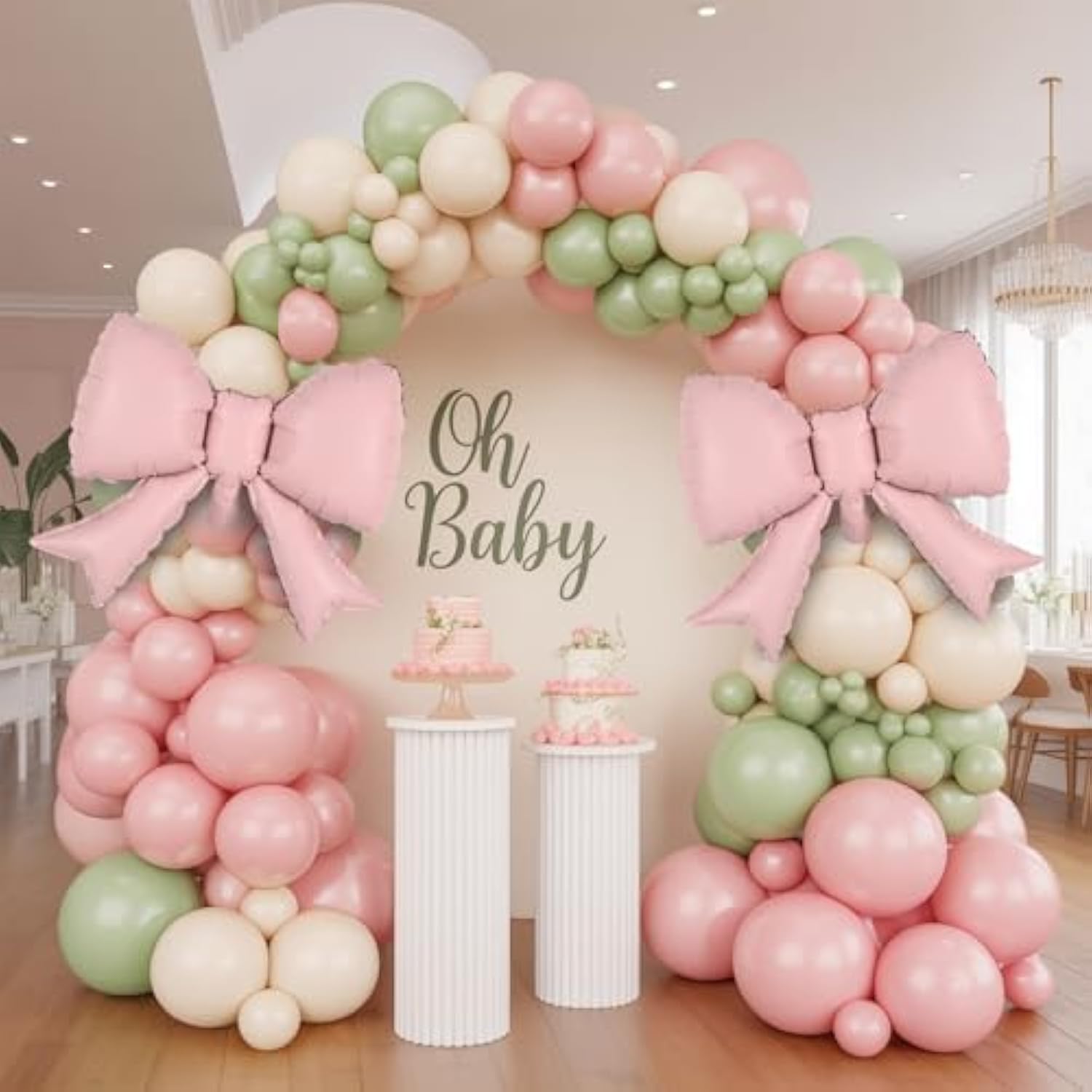 Sage Green Pink Balloon Arch, Pastel Pink Dusty Green Ivory Balloon Garland With Bow Foil Balloons For Girls Wildflower Tea Party Birthday Bridal Baby Shower Wedding Spring Floral Flower Decorations