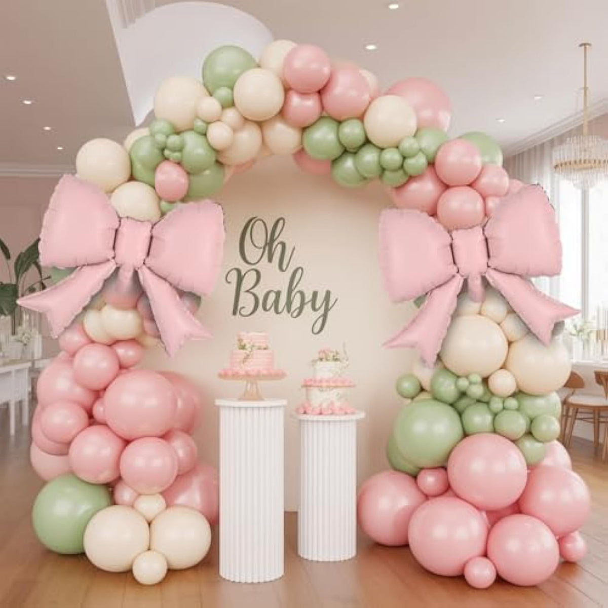 Sage Green Pink Balloon Arch, Pastel Pink Dusty Green Ivory Balloon Garland With Bow Foil Balloons For Girls Wildflower Tea Party Birthday Bridal Baby Shower Wedding Spring Floral Flower Decorations