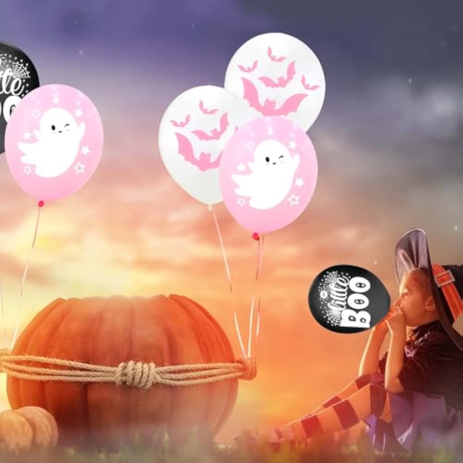 Happy Halloween Balloons – Pink White Black Latex with Ghost Bat & Web