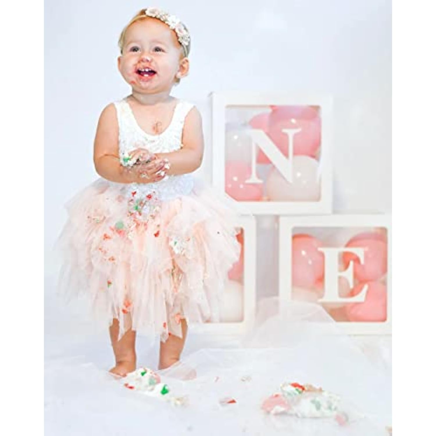 First Birthday Decorations Balloon 'One' Boxes For Baby Girl - 24 Balloons - Baby 1St Birthday Girl Decoration, Clear Cube Blocks 'One' Letters As Cake Smash Photoshoot Props Backdrop | 1 Year Old