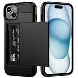 Compatible With Iphone 15 Case With Card Holder, Dual Layer Shockproof Wallet Phone Case, Hidden Card Slot Sliding Protective Hard Shell Back Cover Slim Case For Iphone 15, 6.1 Inch Black