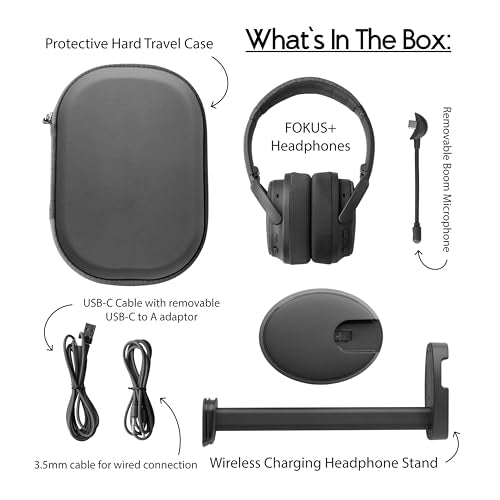 Fokus Plus Hybrid Active Noise Cancelling Bluetooth Headset, 50H Playtime, with Headphone Stand Wirelessly Charges Your Headphones, Removable Boom