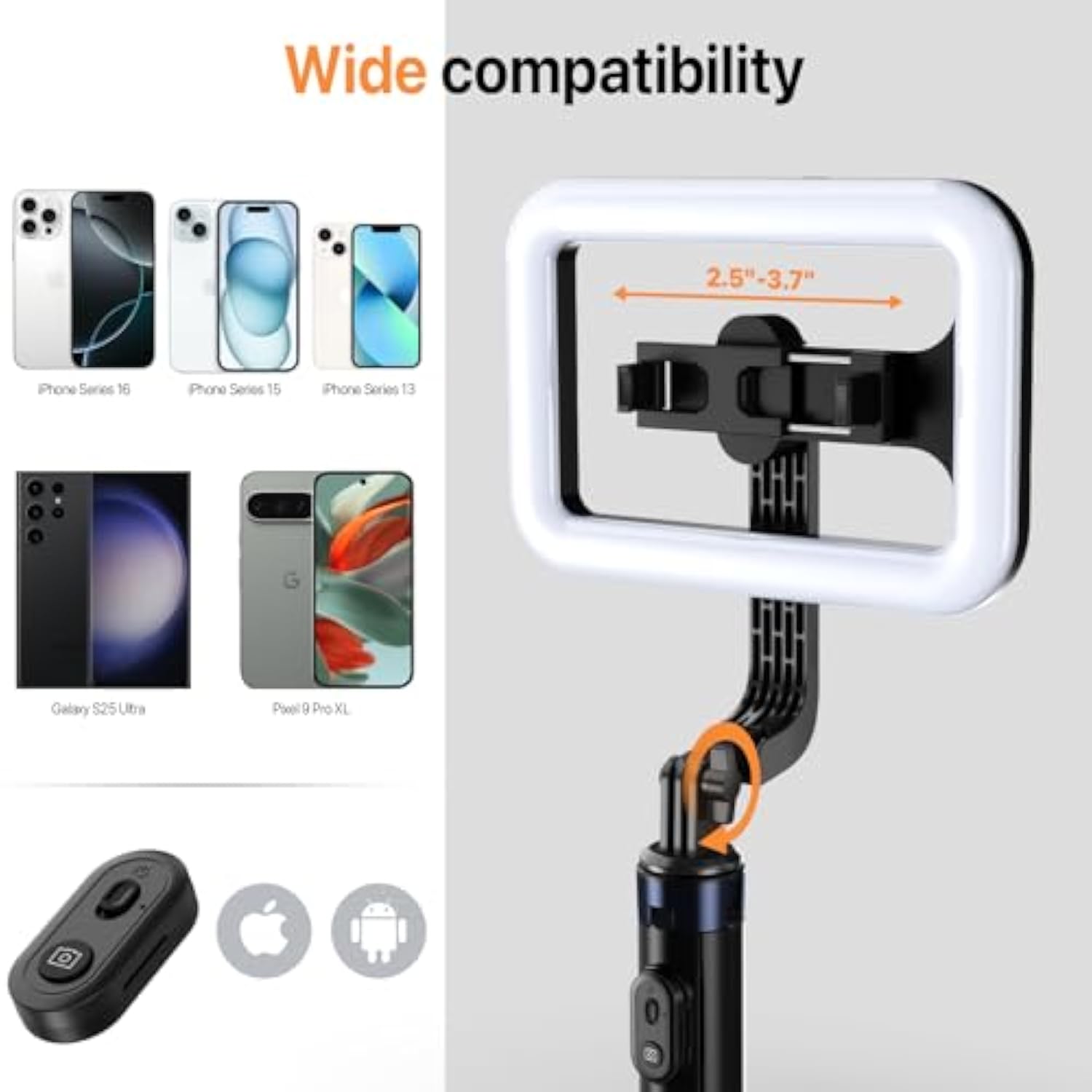 Led Selfie Light With Stand,8" Led Selfie Rectangular Light For Makeup/Live Stream,Dimmable Led Light With Tripod,Phone Holder&Wireless Remote For Photography/Youtube/Video Recording
