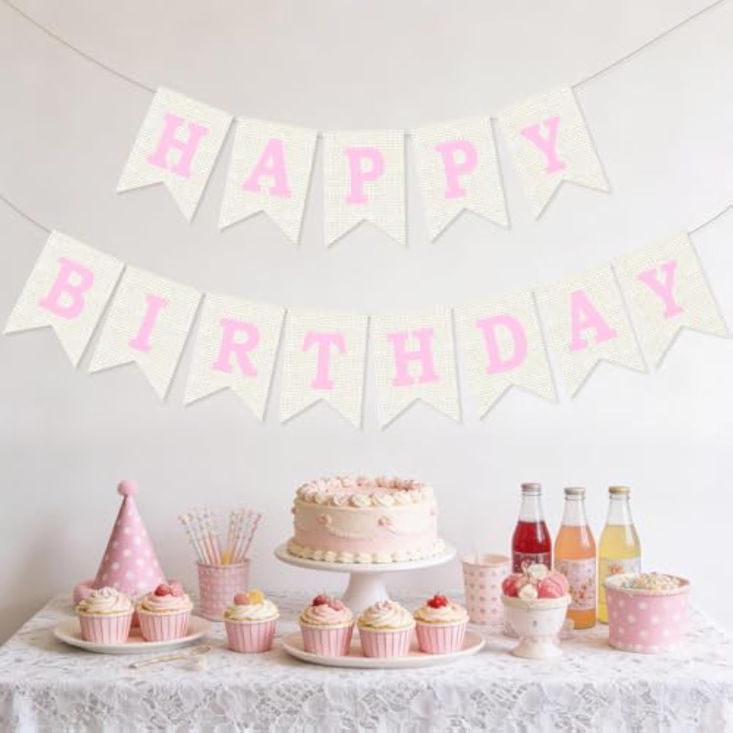 Burlap Happy Birthday Banner, Pink Assembled Happy Birthday Banner Sign Garland For Boys Girls Rustic Party Decorations