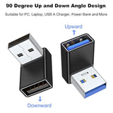 90 Degree Usb 3.0 Adapter 2 Pack, Up And Down Angle Usb A Male To Female Converter Extender For Pc, Laptop, Usb A Charger, Power Bank And More (Black)