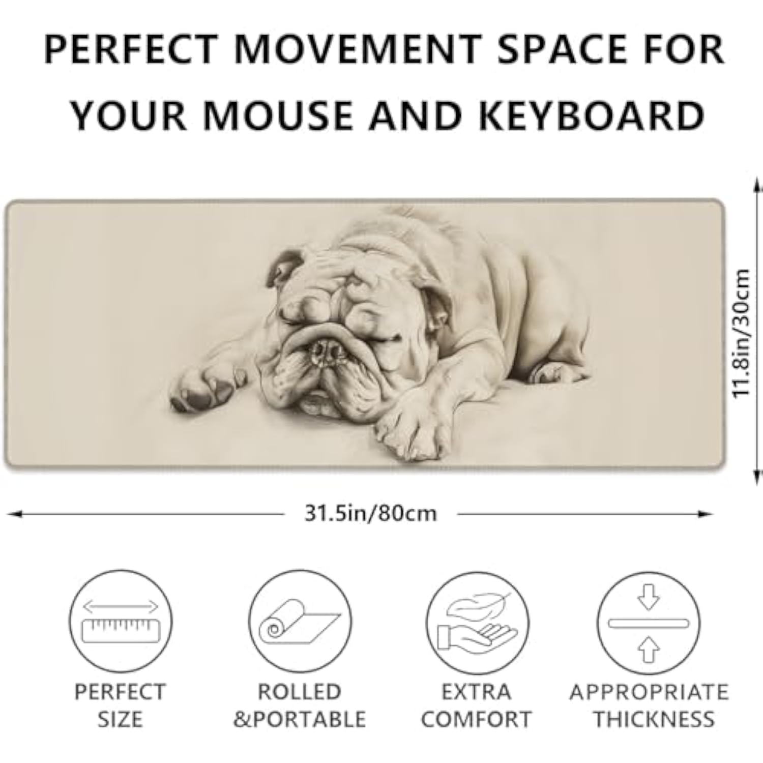 Sleeping Bulldog Gaming Mouse Pad, Cut Puppy Large Desk Mat For Computer, Extended Keyboard Laptop Mouse Pads 31.5×11.8In, Non Slip Rubber Adorable Dog Mousepad For Office Decor Gifts