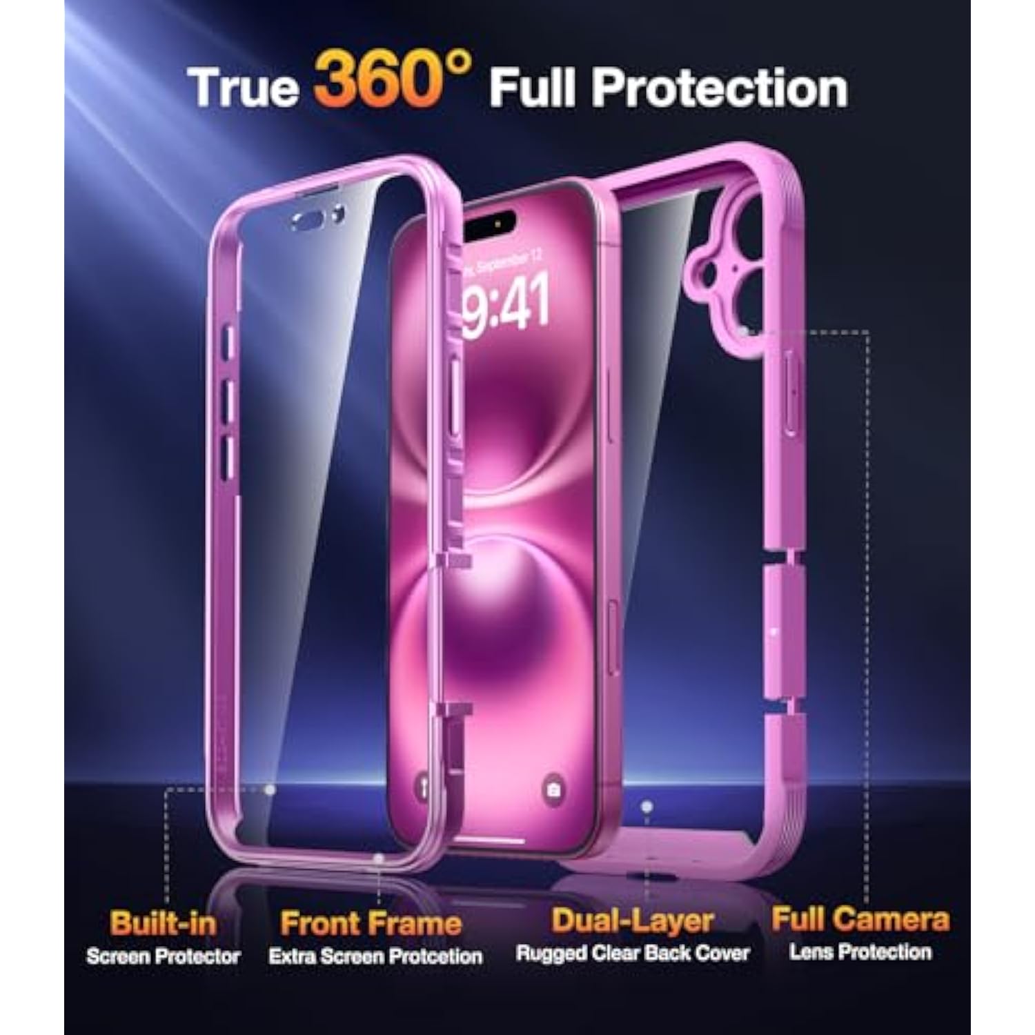 Designed For 16 Case, Full Body Rugged Case With Built-In Touch Sensitive Anti-Scratch Screen Protector, Upgraded [Full Camera Protection] For 16 6.1" (Pink)