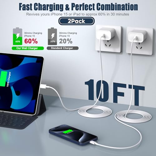 iPhone 17/16/15 Charger Fast Charging,2Pack 10FT Long USB C to C i Phone Fast Charging Cable Cord with 20W USBC Quick Charger Block Adapter for