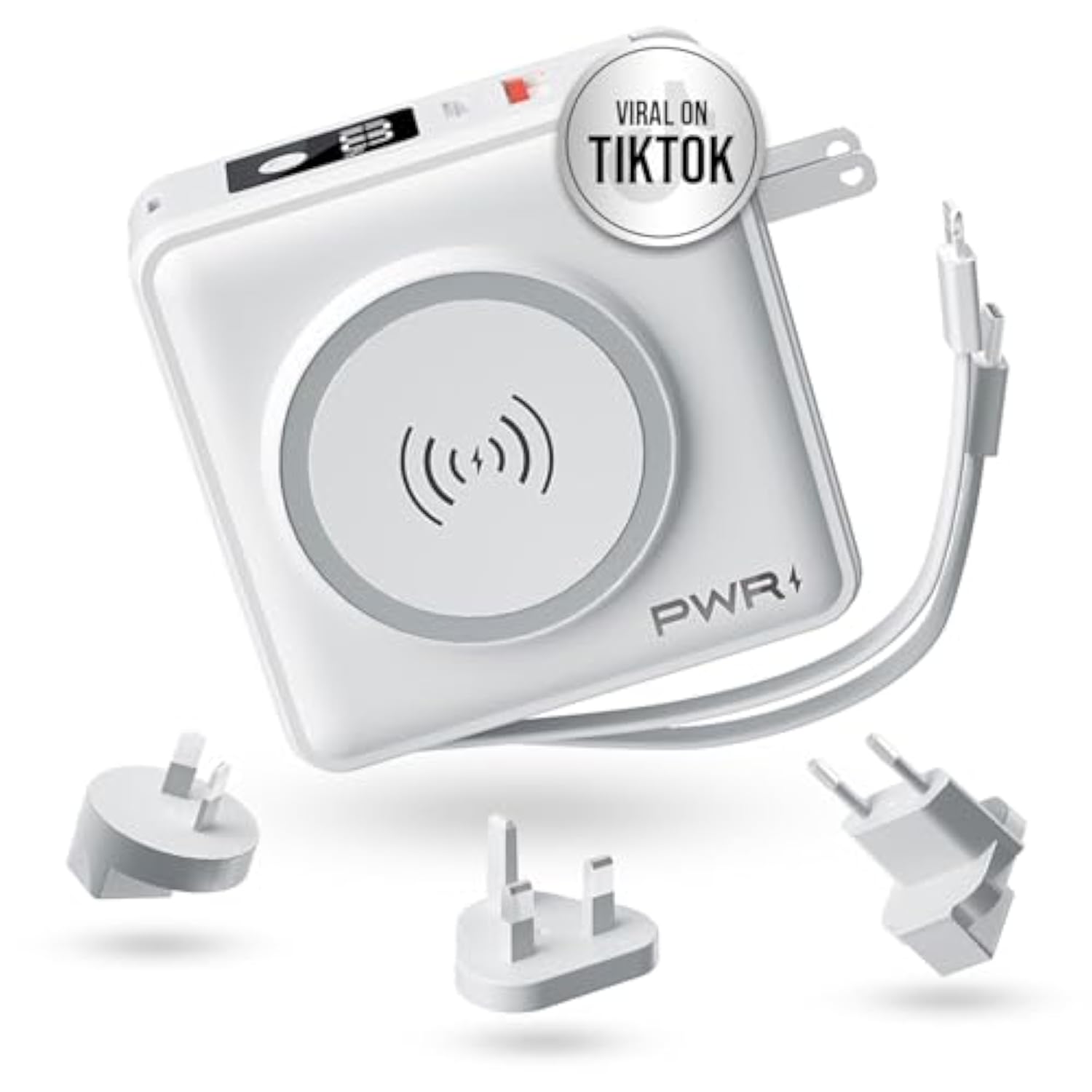 Pwr Travel Pro 5-In-1 Power Bank – 10,000Mah With Built-In Cables – 20W Usb-C + 15W Wireless Charging – Compact Portable Charger For Iphone & Android - White