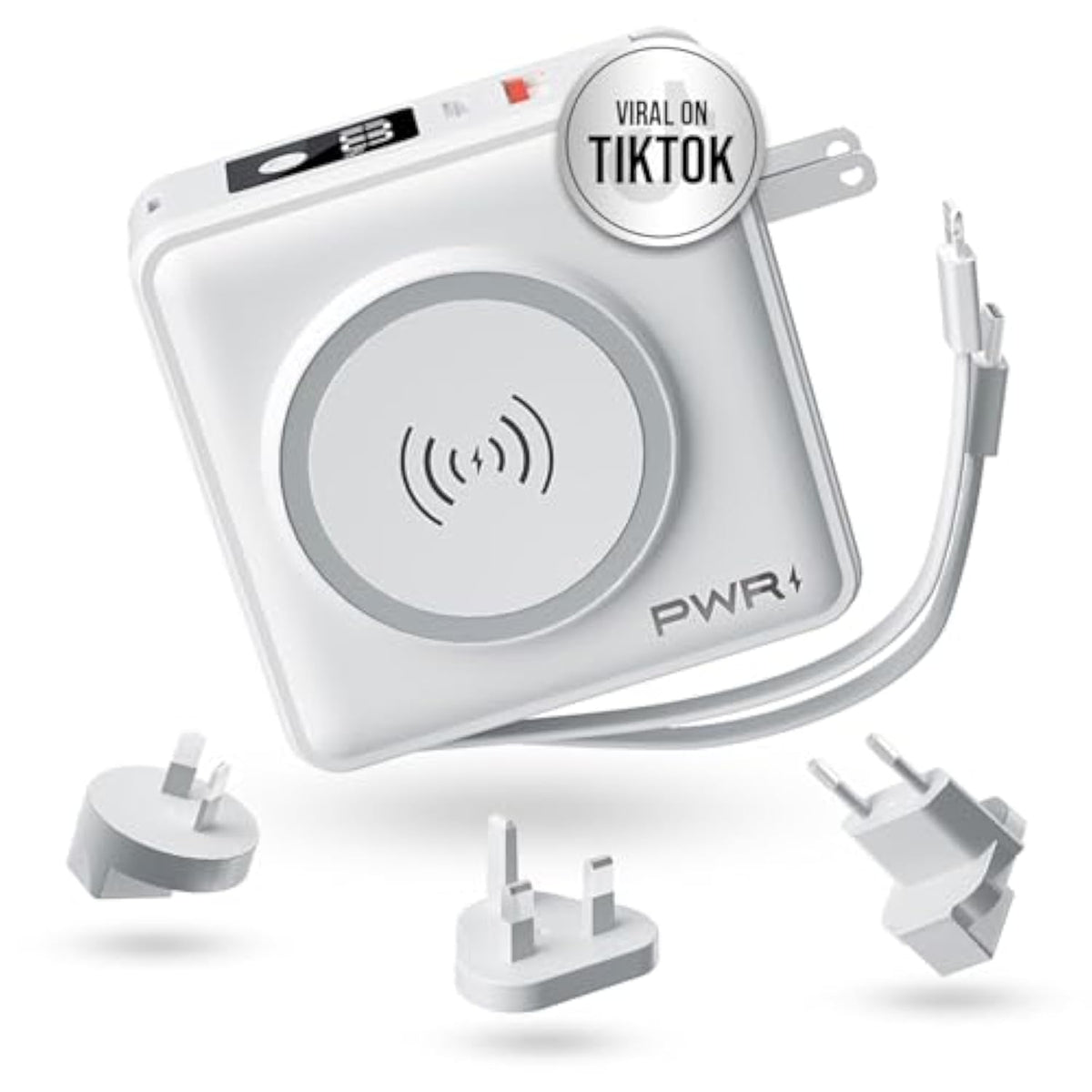 Pwr Travel Pro 5-In-1 Power Bank – 10,000Mah With Built-In Cables – 20W Usb-C + 15W Wireless Charging – Compact Portable Charger For Iphone & Android - White