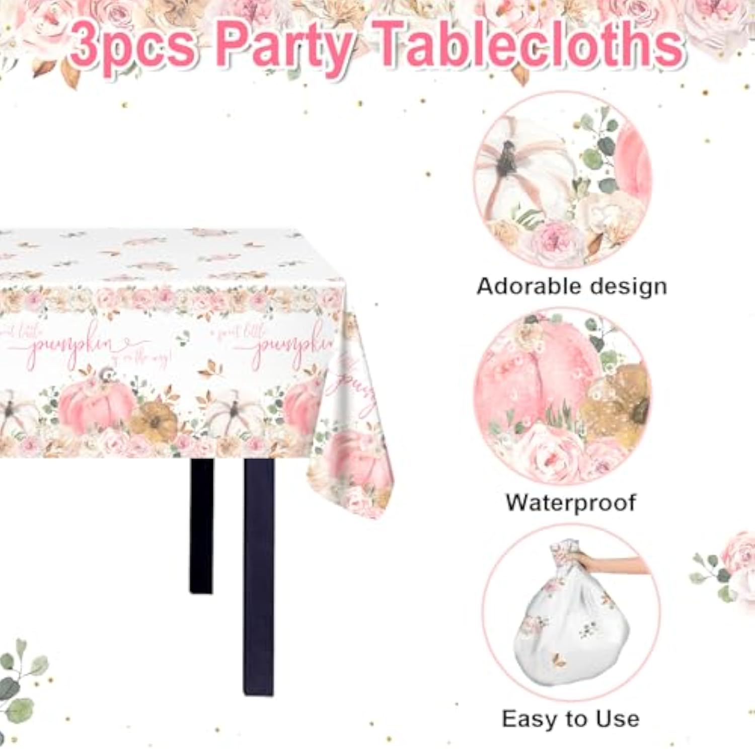 3 Pcs Pink Pumpkin Baby Shower Tablecloths 108X54 Inch Fall Baby Shower Decorations For Girl A Sweet Little Pumpkin Is On The Way Party Supplies