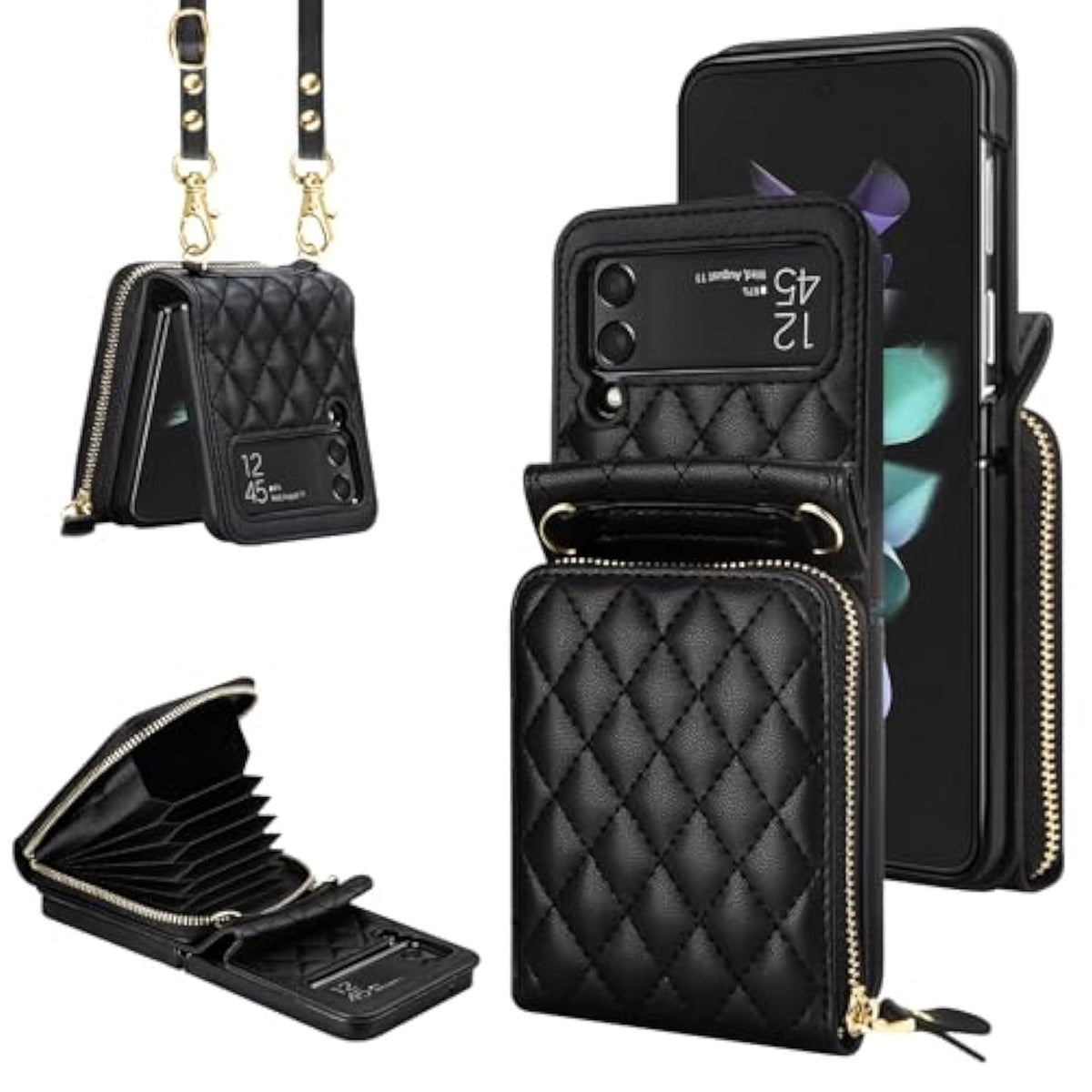 For Samsung Galaxy Z Flip 3 Case With Card Holder Crossbody 8-Card Slots Wallet Case With Adjustable Strap Soft Pu Leather Protective Zipper Flip 3 Phone Case For Women Girls, 6.7'' Black