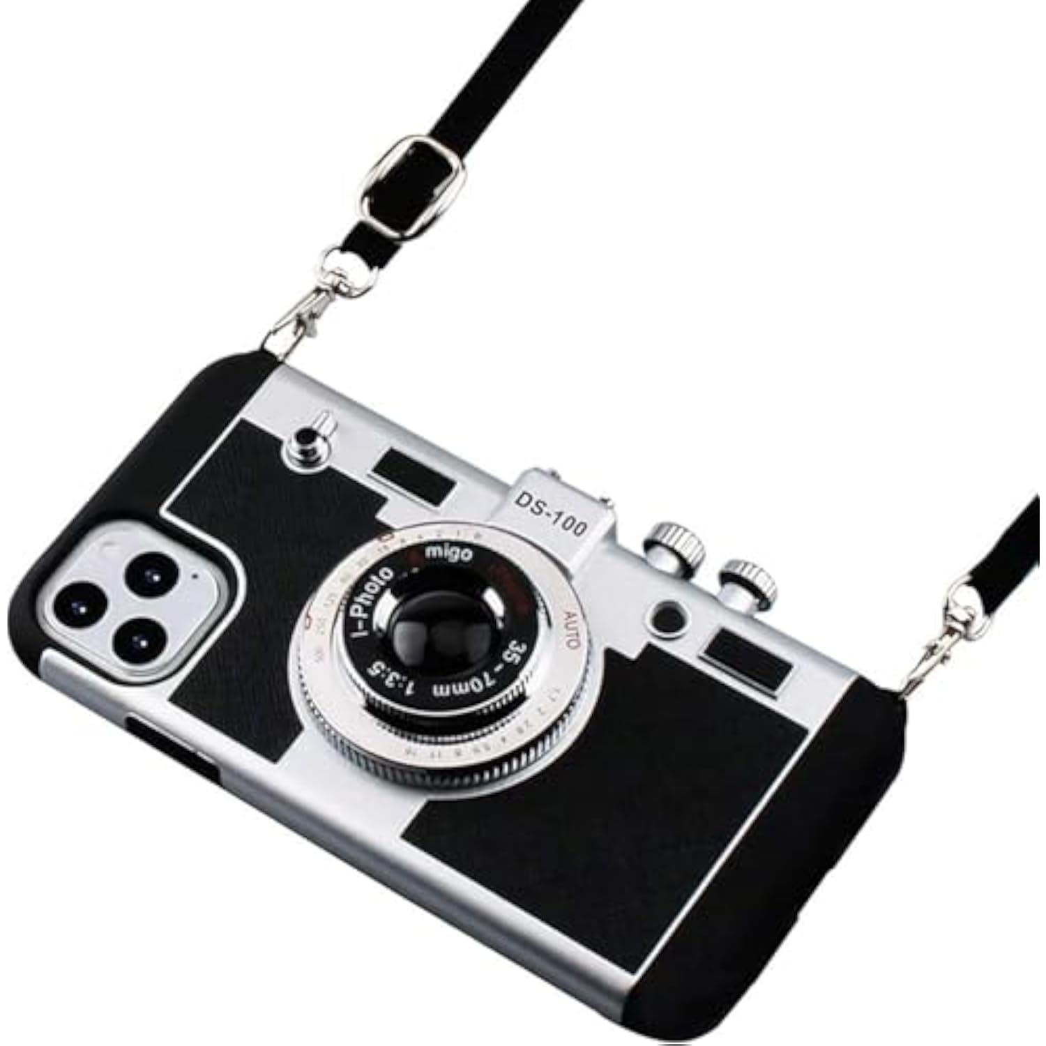 Vintage Camera Phone Case for iPhone 16 with Removable Lanyard Strap, Cute 3D Unique Design Silicone Cover for Girls Kids Women Black