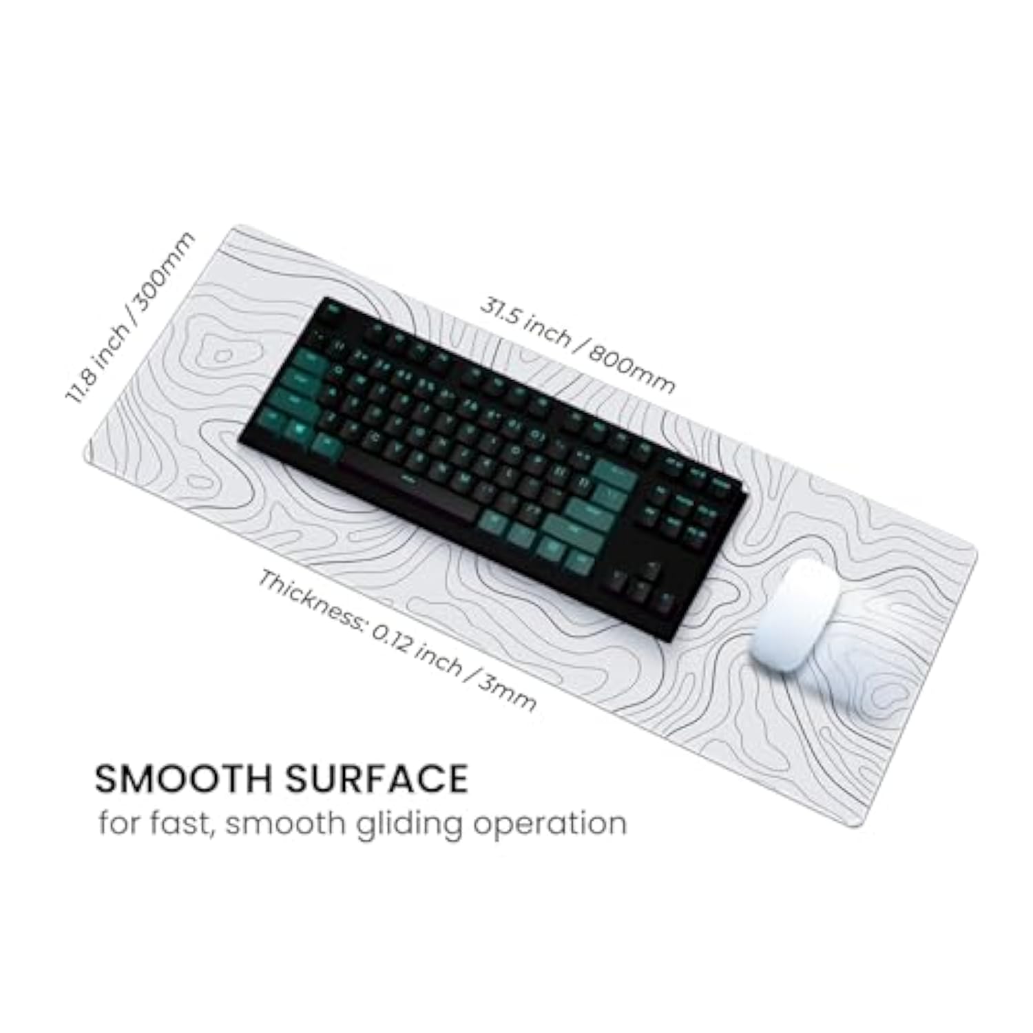 Large Gaming Mouse Pad, Full Keyboard Mat, Long Laptop Mousepad, Computer Mouse Mat For Home And Office, Anti-Slip Rubber Base, 31.5 X 11.8 Inches (Grey White Topographic Map)