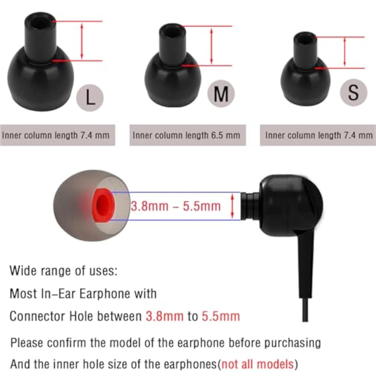 Silicone Earbud Tips Earbud Replacement Tips Eartips For (Inner Hole From 3.8Mm-5.5Mm Earphones) Headphone Earbud Rubber Tips Earbud Caps S M L 9 Pairs