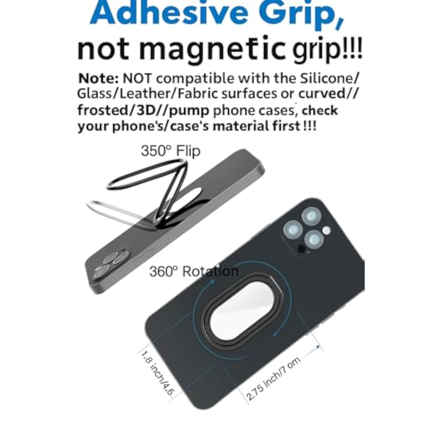 Phone Ring Holder Kickstand, 360° Rotating Metal Grip for Magnetic Car Mount