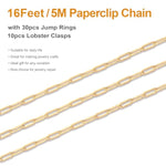 5M Gold Plated Necklace Chain For Jewelry Making 304 Stainless Steel Paperclip Chain Roll With Lobster Clasps And Jump Rings For Men Women Making Jewelry Craft Support Jewelry Findings