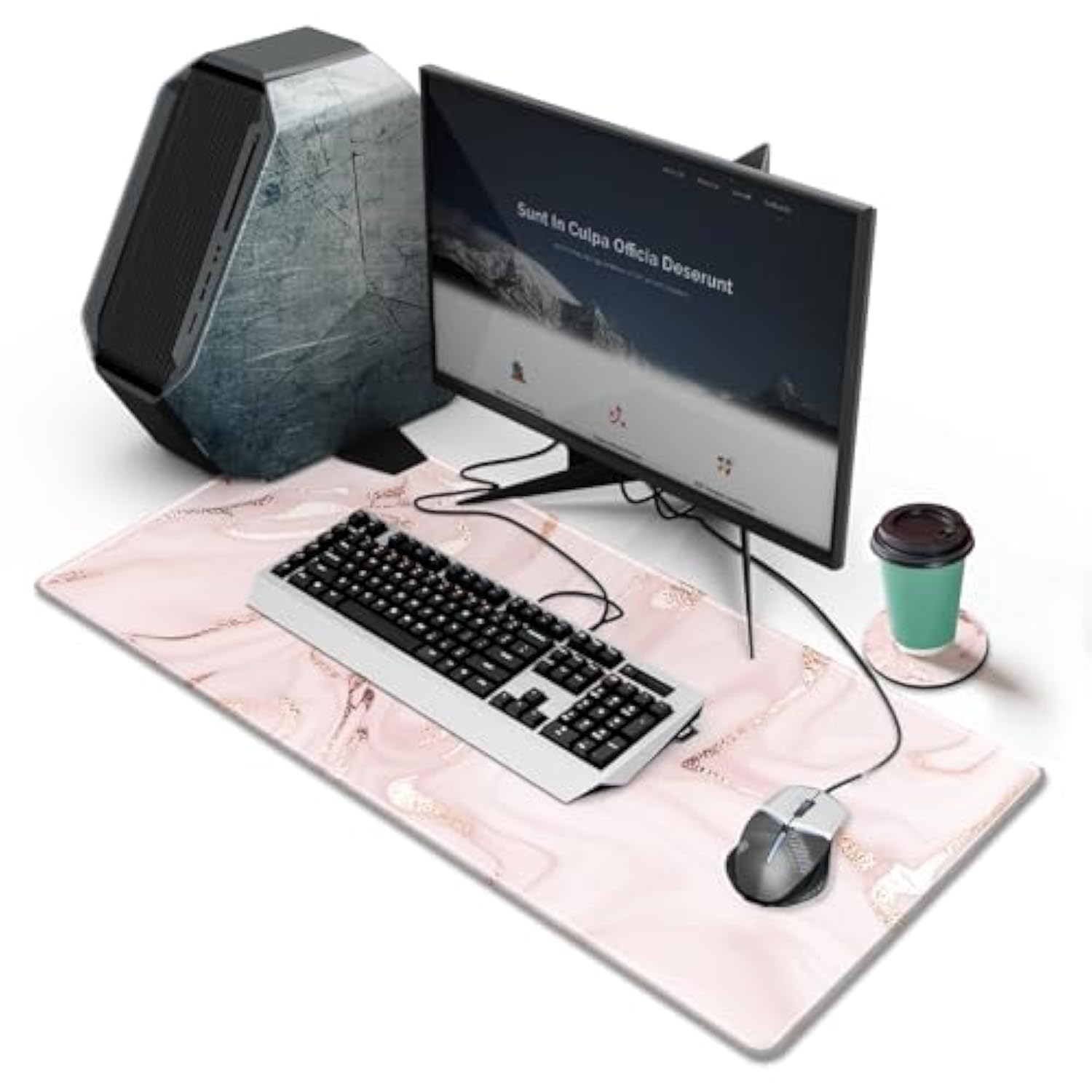 Stitched Edges Extended Mouse Pad With Cup Coaster For Computer And Keyboard?31.5 X 13.8 Inch Gaming Mouse Pad Desk Mat - Rose Gold Pink Marble