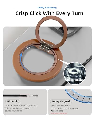 Magnetic Phone Ring Grip for MagSafe, Rotatable Ring Holder Stand with Adapter Ring for Phone Case, Brown