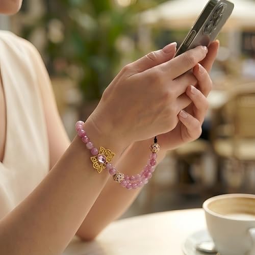 Beaded Phone Wrist Strap Gold Butterfly Charm Vintage Enamel Filigree Beads Chalcedony Beaded Lanyard for iPhone (Pink)