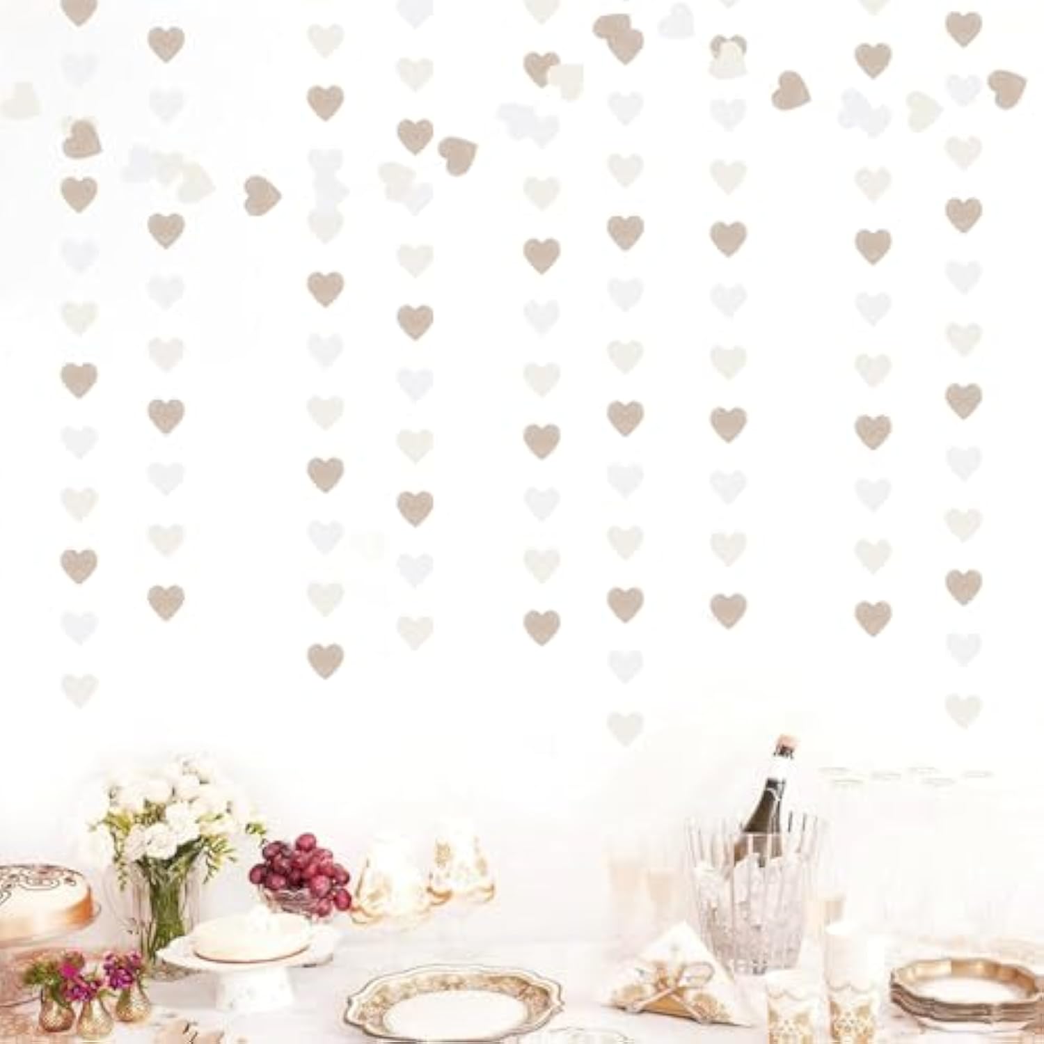 Champagne-Gold Milky-White Birthday Party-Decorations Heart-Garland - 52Ft Wedding Hanging Streamers Banner,Bachelorette Engagement Romantic Special Night Baby Bridal Shower Backdrop Decor