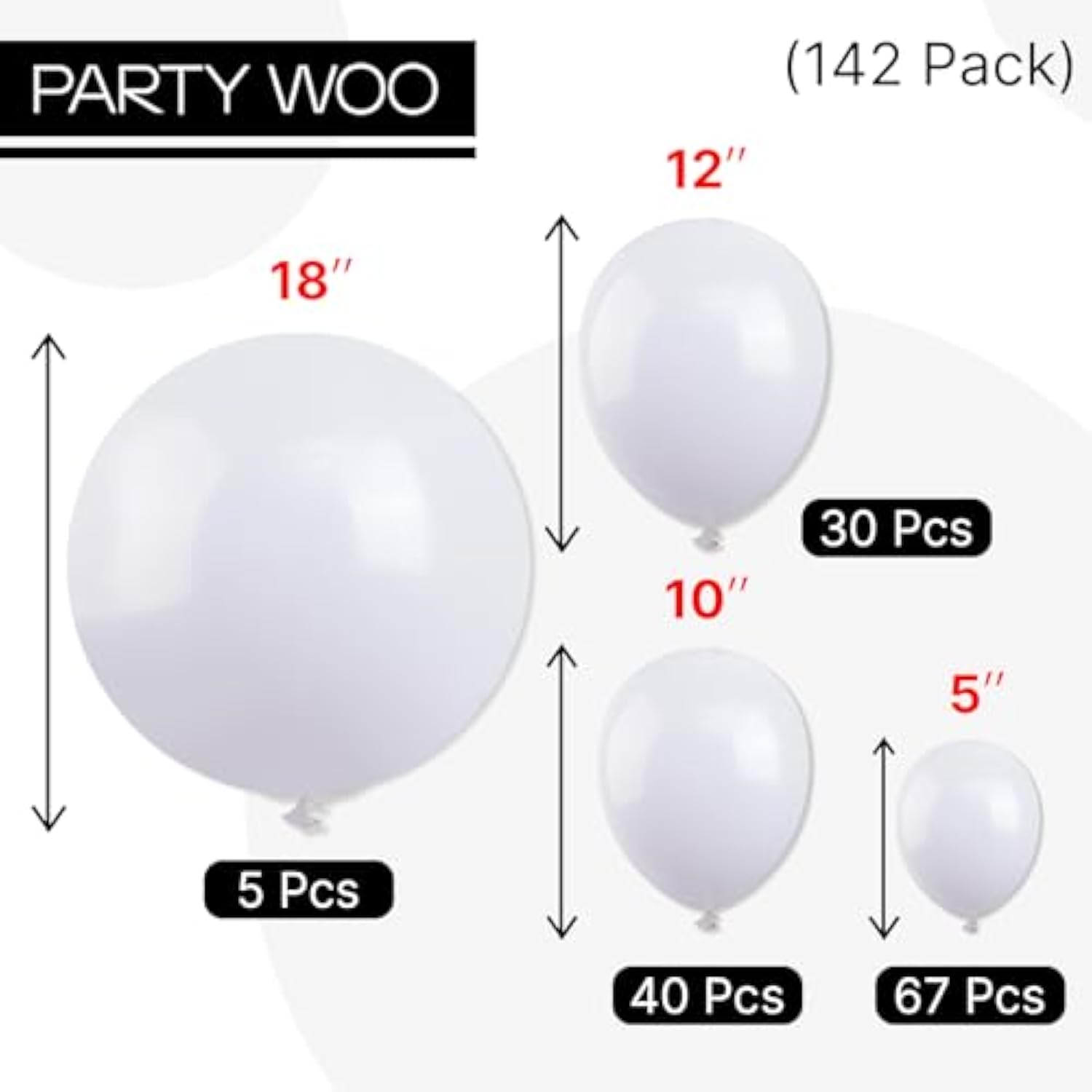 142 Pcs White Balloon Set – 18, 12, 10, 5 Inch for Arch & Garland Decor