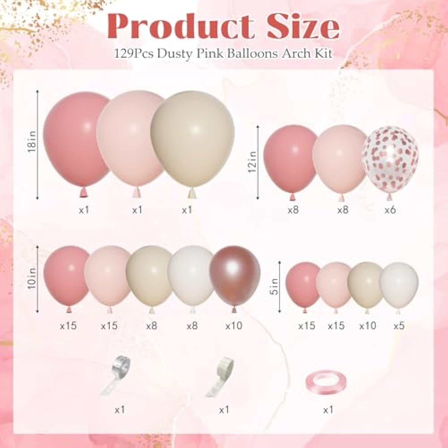 Dusty Pink Balloons Arch Garland Kit, Different Sizes 18 12 10 5 Inch Boho Pink White Sand Latex Metallic Confetti Balloon For Girl Baby Shower Mothers Day Birthday Party Decorations