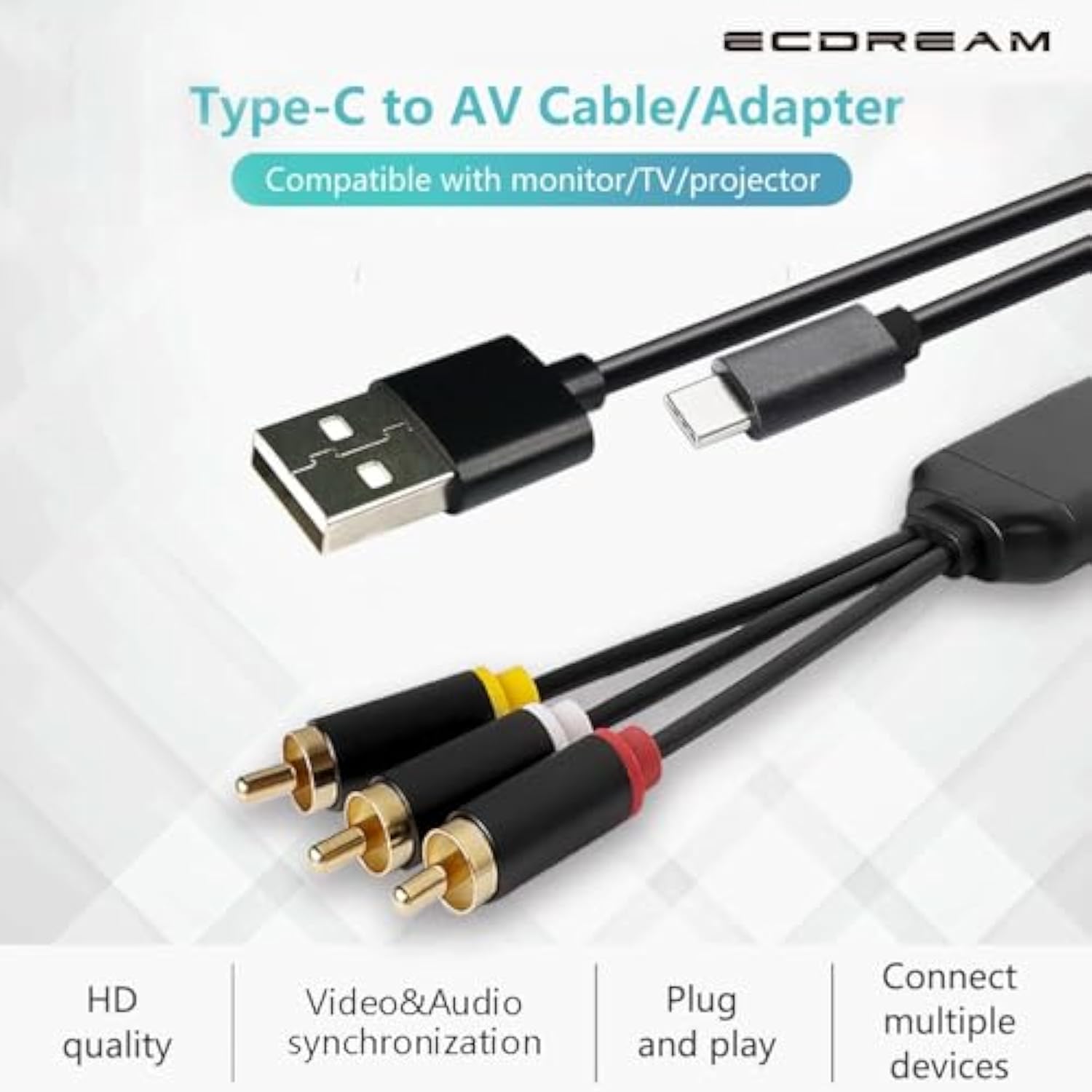Usb C To Rca Cable Adapter, 6Ft Type-C To Rca Cable With Usb A(Charging),Usb C Male To 3 Rca Male,Suitable For Tv, Monitor, Speaker