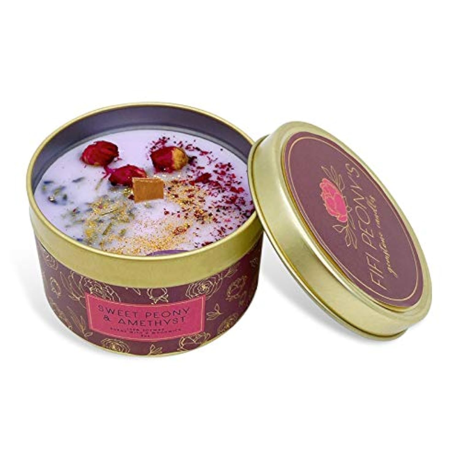 'S Gemstone Candles- Scented With Sweet Peonies And Infused With A Calming Amethyst Crystal And Handplaced Dried Flowers To Manifest Tranquility. Burns With An Elegant Wooden Wick. 8Oz.