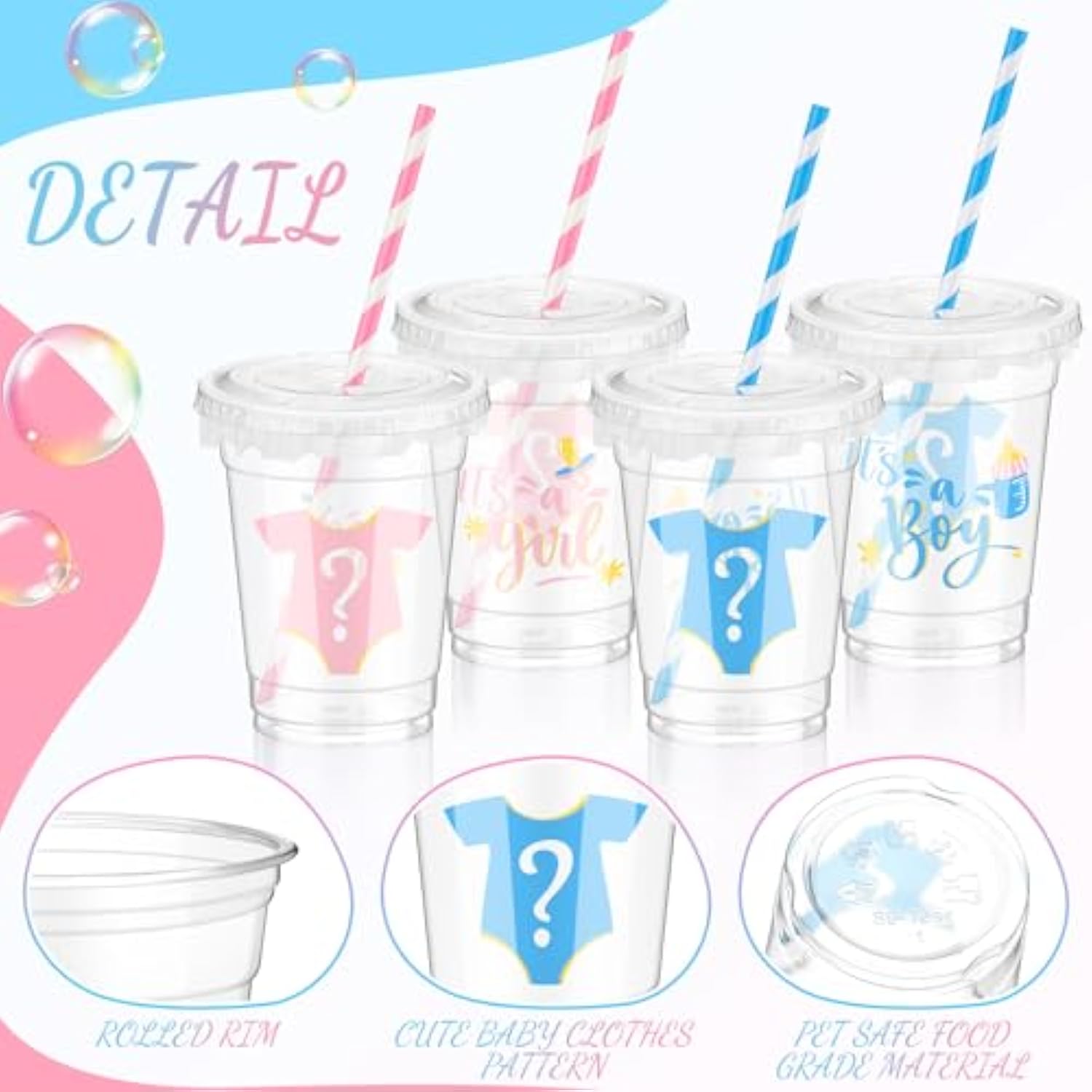 50 Pcs Gender Reveal Cups Gender Reveal Party Supplies 12 Oz Party Plastic Cups Boy Or Girl Clear Cup With Lids Straws Blue And Pink Baby Shower Decorations It'S A Boy Or It'S A Girl