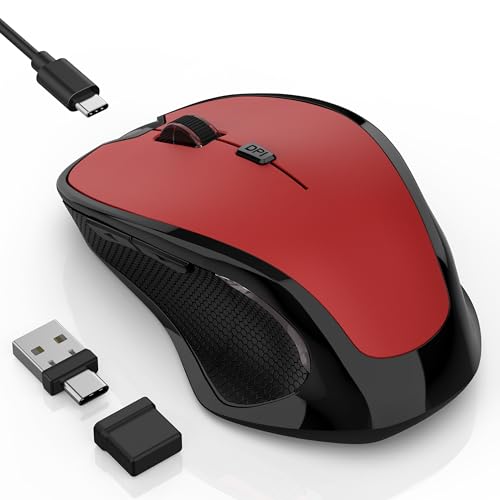 Bluetooth Wireless Mouse, 2.4G Ergonomic Rechargeable Computer Mouse For Macbook Air Ipad Pro Pc With Jiggler Mode, 3 Dpi Levels & Forward/Back Buttons Laptop Mice For Office/Home/School - Red