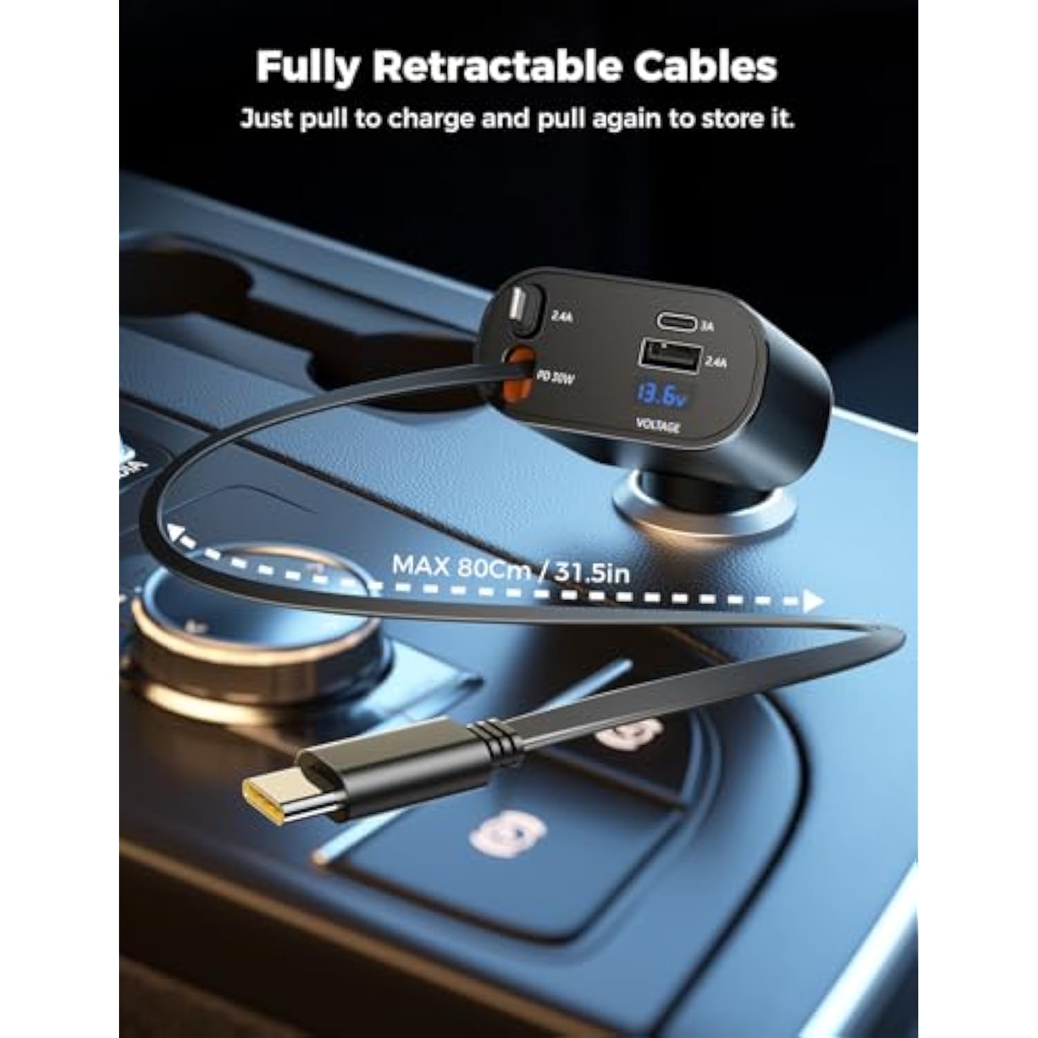 4-in-1 Retractable Car Charger with 2.6ft Cord, Fast Charging for iPhone/Galaxy