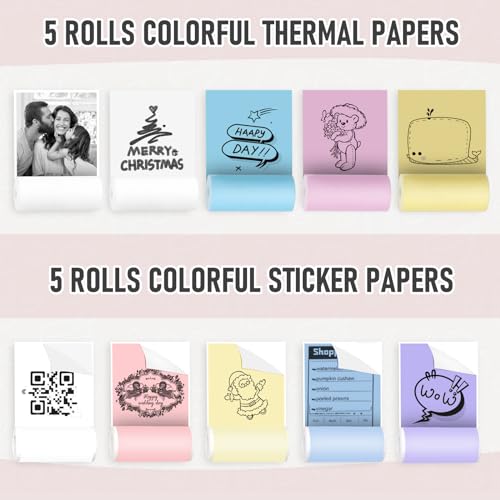 Mini Pocket Bluetooth Printer-Portable Thermal Printer With 10 Roll Papers For Journal/Diy Scrapbook/Travel/Notes/Lists/Label/Memo, Receipt Printer For Children Women Gifts Kids Christmas
