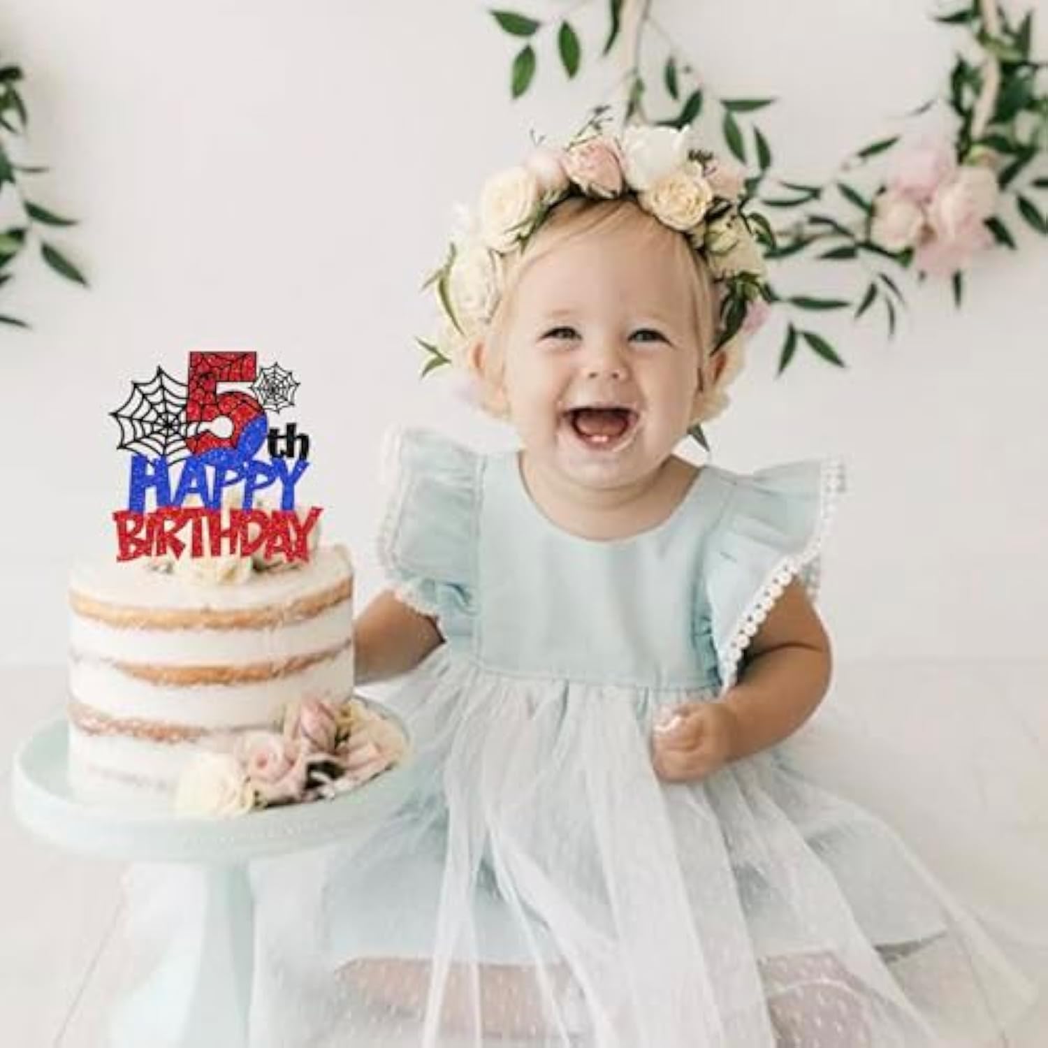 1 Pack Happy 5Th Birthday Cake Topper Glitter Spider Web Cake Pick Superhero Spider Party Cake Decorations For Children Kids Boys Happy 5Th Birthday Party Cake Decorations Supplies