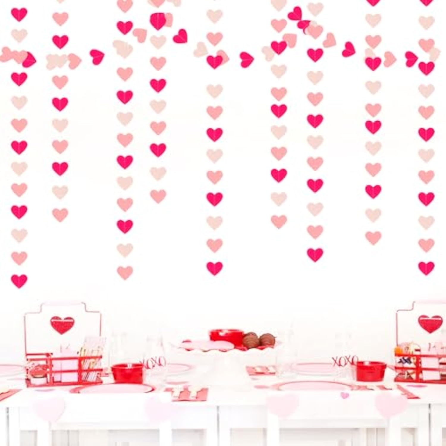 Hot-Pink Valentines-Day Party-Decorations Heart Garland - 52Ft Proposal Special Night Galentines Wedding Paper Streamers Banner, Girl Birthday Engagement Bachelorette Decor