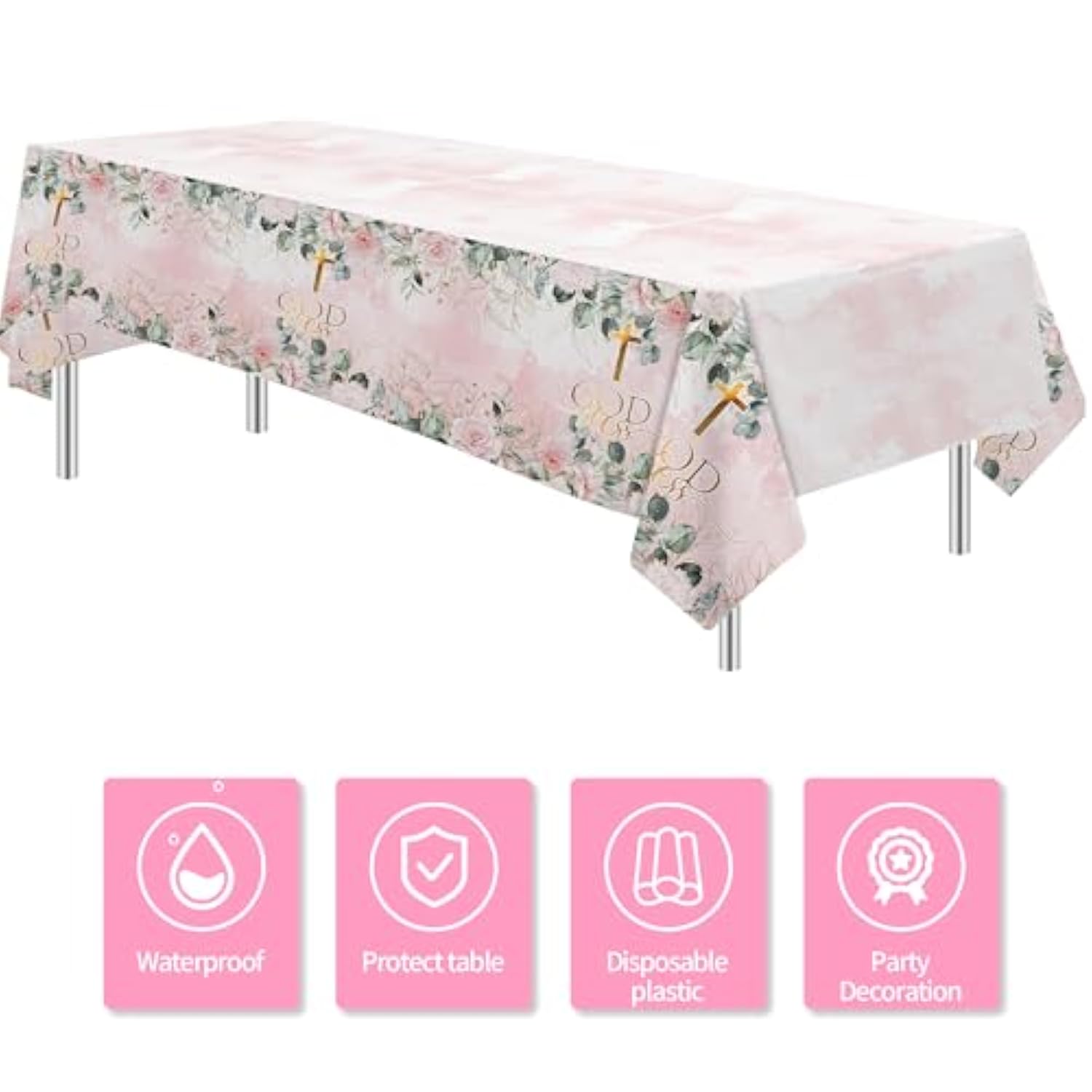 God Bless Baptism Decorations Tablecloth Girls - First Communion Decorations Party Table Cover, Pink Christening Celebration Baby Shower Religious Table Cloth, 3 Pack (54In X 108In)