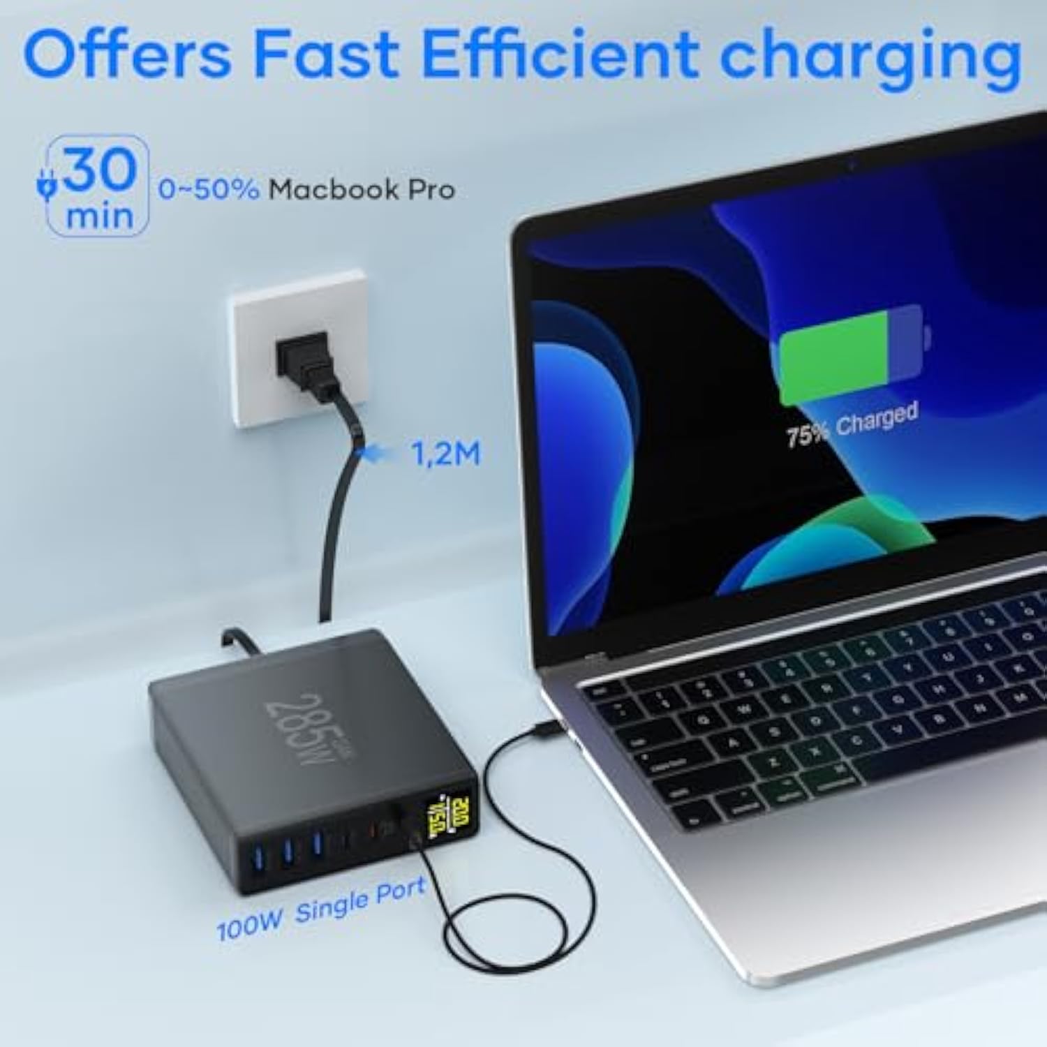 285W Usb C Charger Block, 6 Ports Multiple Usb Charging Station With Digital Lcd Dispaly Gan Fast 100W Usb C Charger For Macbook Laptops Multiport Usb Charger For I Pad I Phone Samsung, Black